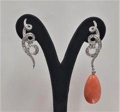 Natural Salmon Coral Brilliant Cut Diamond 18 Carats White Gold Drop Earrings