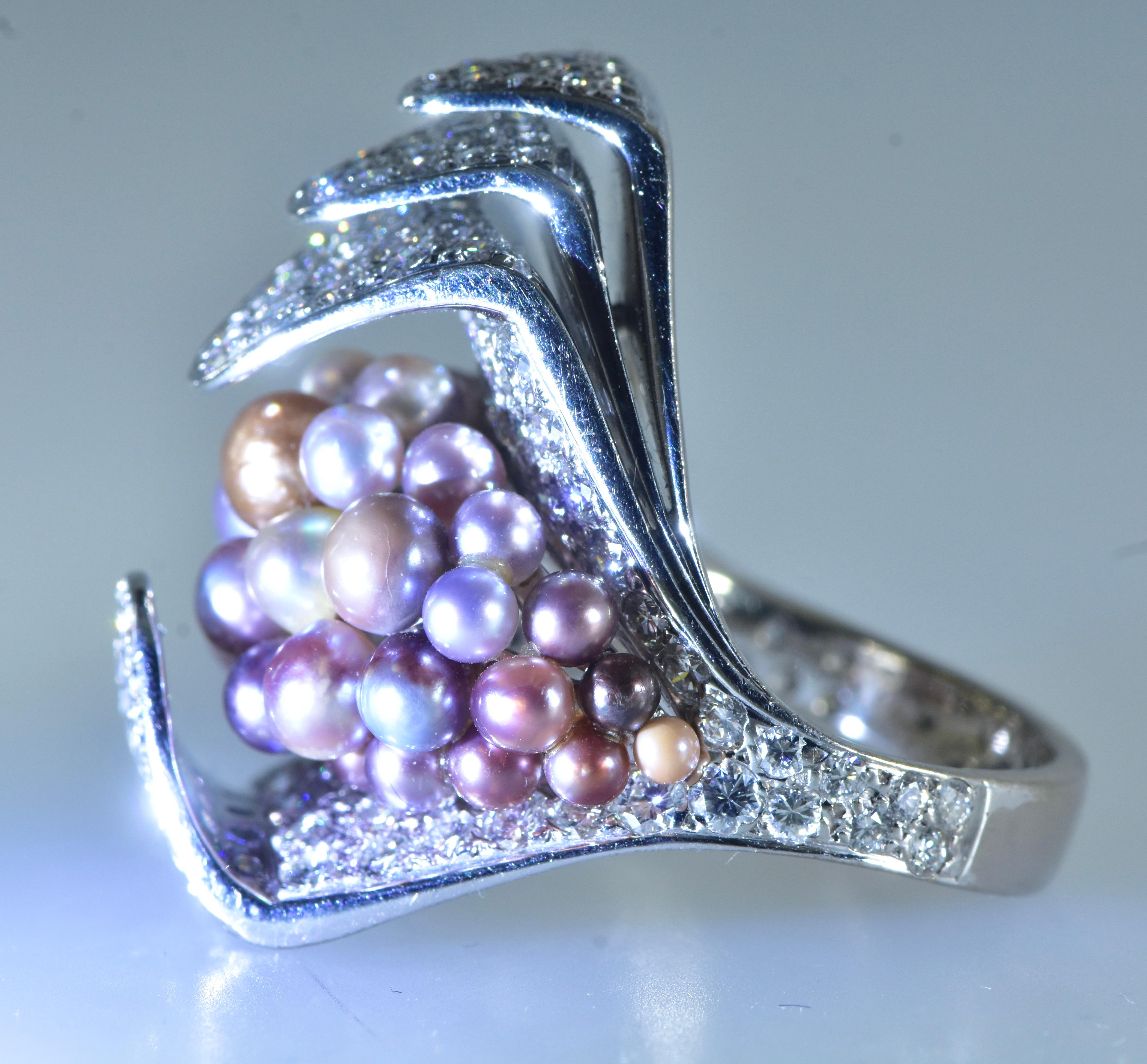 Natural Saltwater Fancy Color Pearls and Fine White Diamond Modernist Ring. For Sale 5