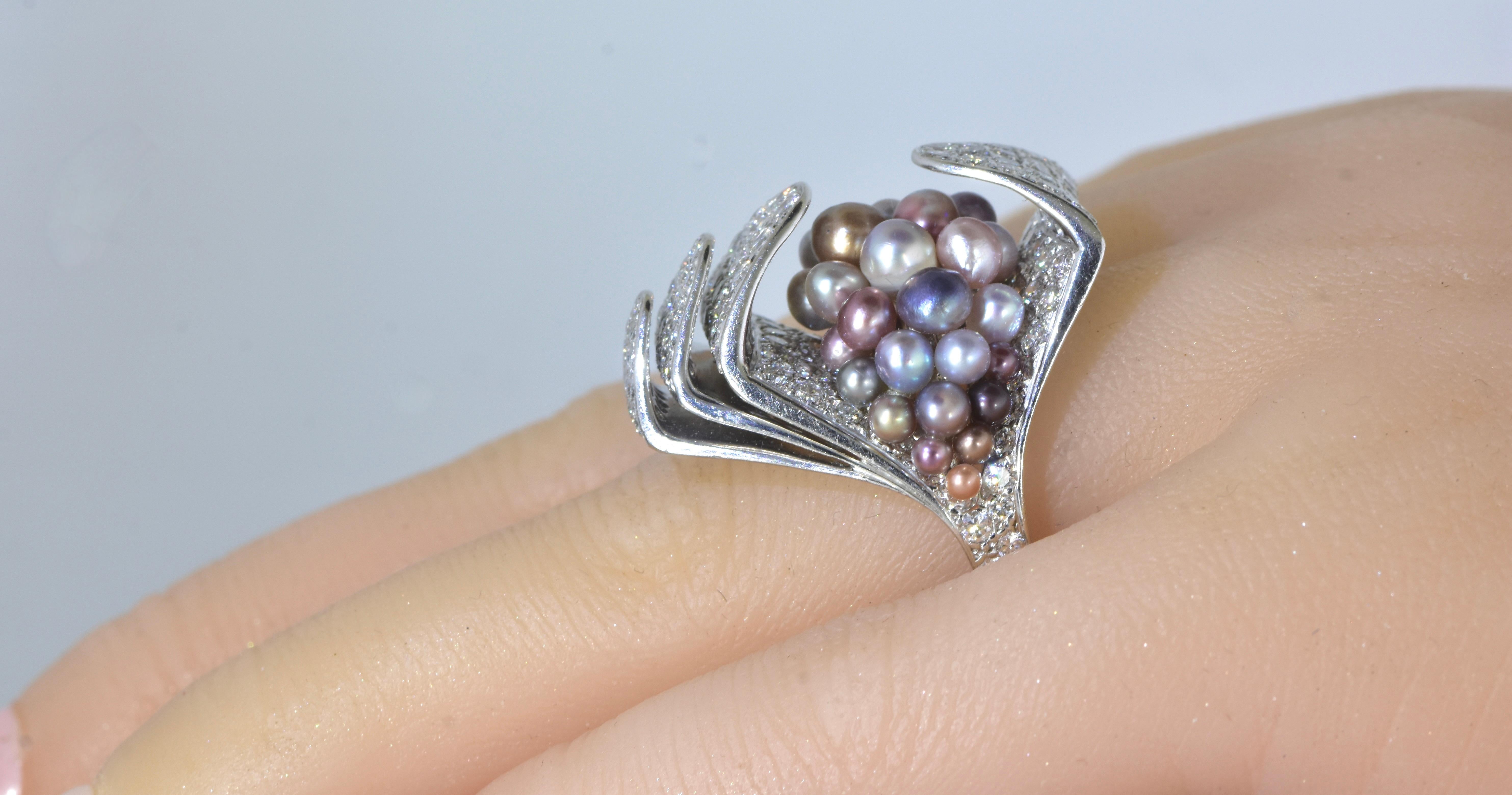Brilliant Cut Natural Saltwater Fancy Color Pearls and Fine White Diamond Modernist Ring. For Sale