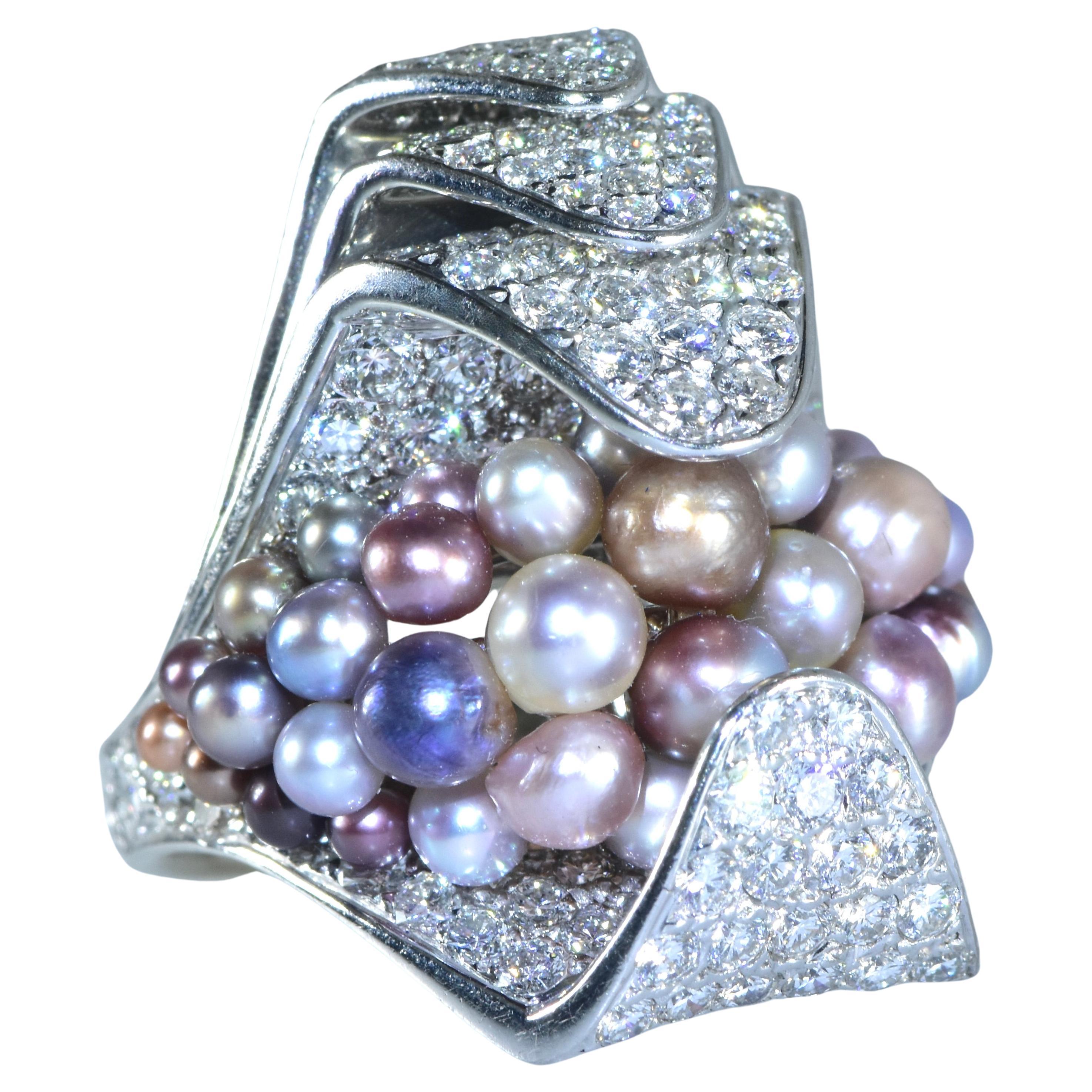 Natural Saltwater Fancy Color Pearls and Fine White Diamond Modernist Ring. For Sale 1