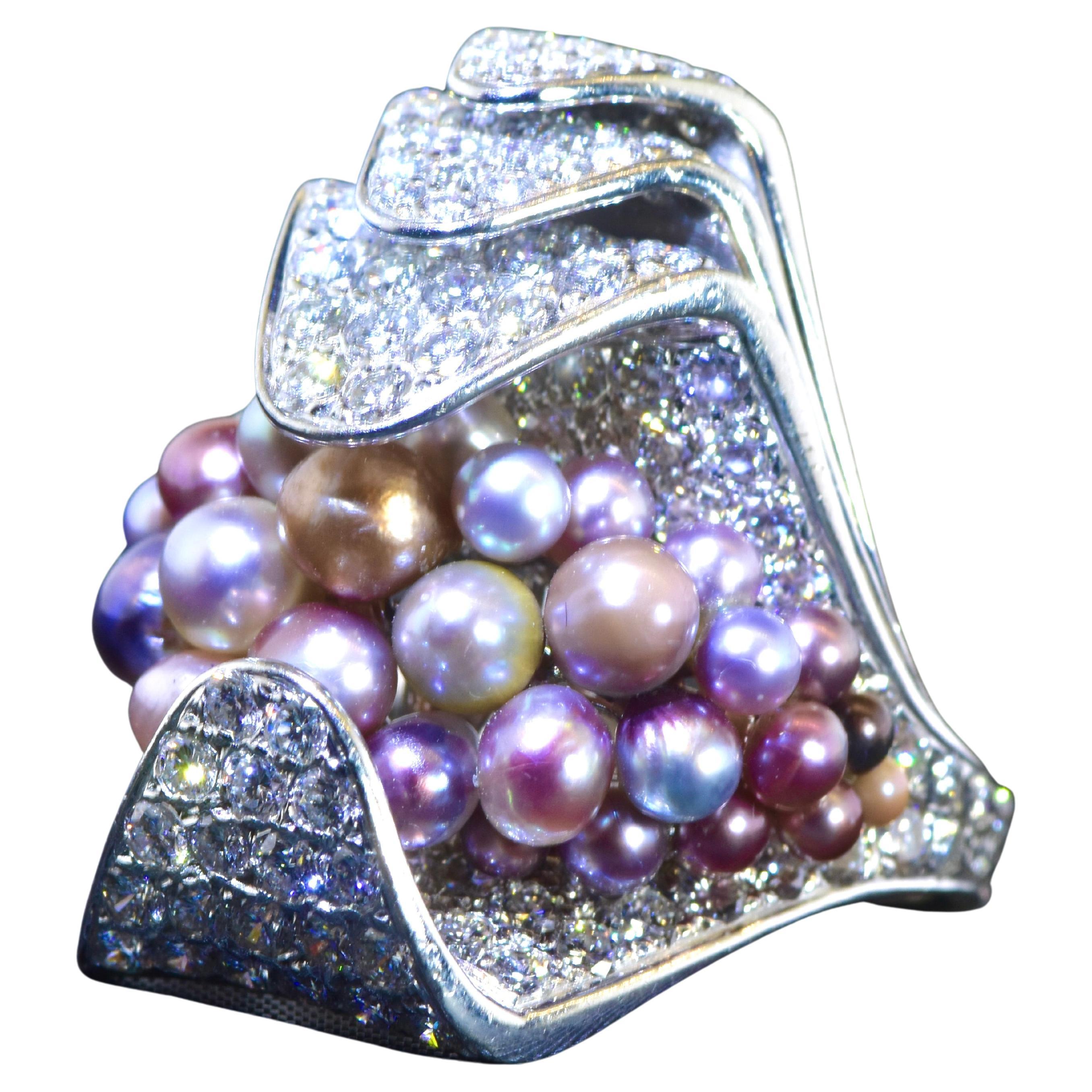 Natural Saltwater Fancy Color Pearls and Fine White Diamond Modernist Ring.