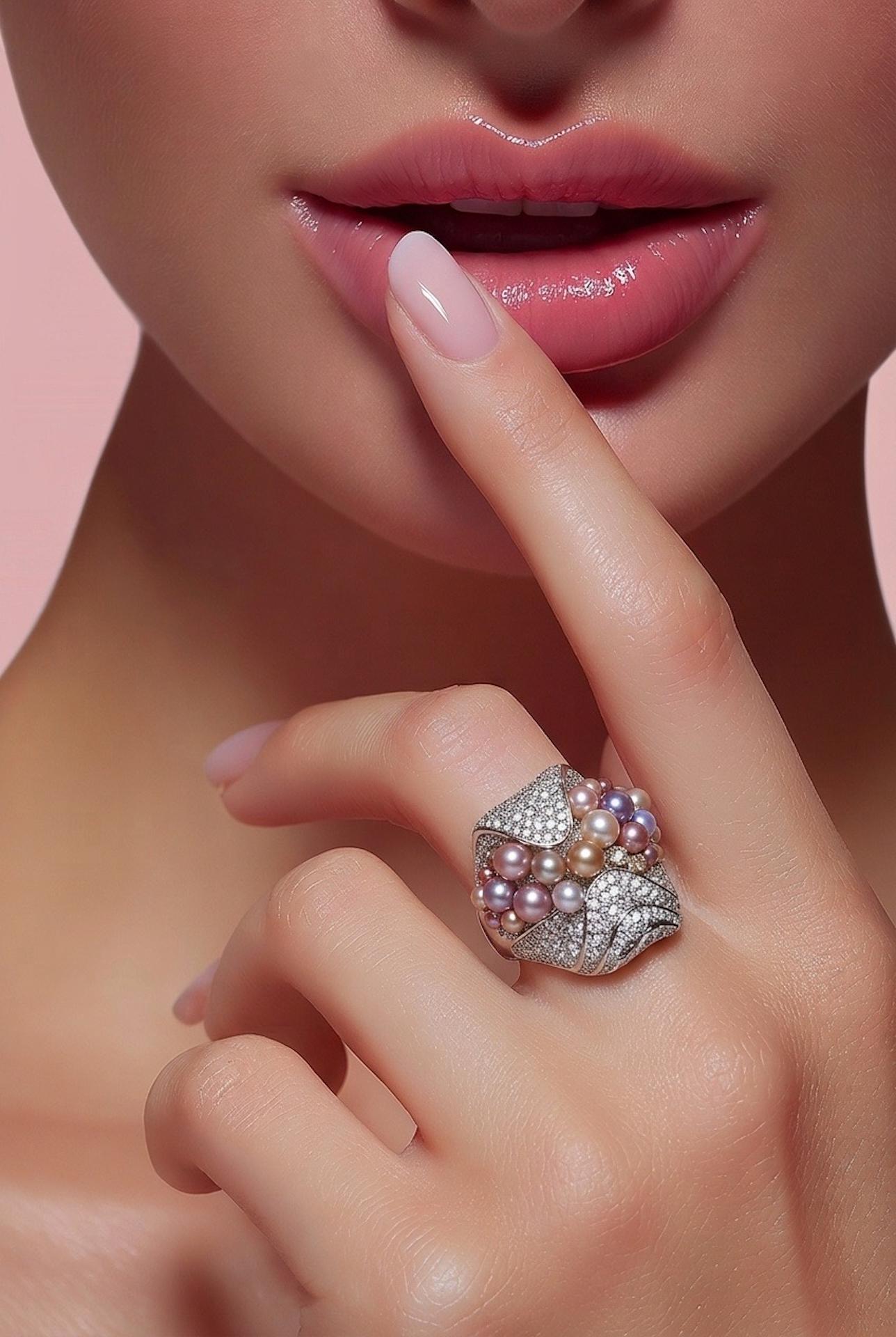 Natural Saltwater Fancy Color Pearls and Fine White Diamond Modernist Ring.