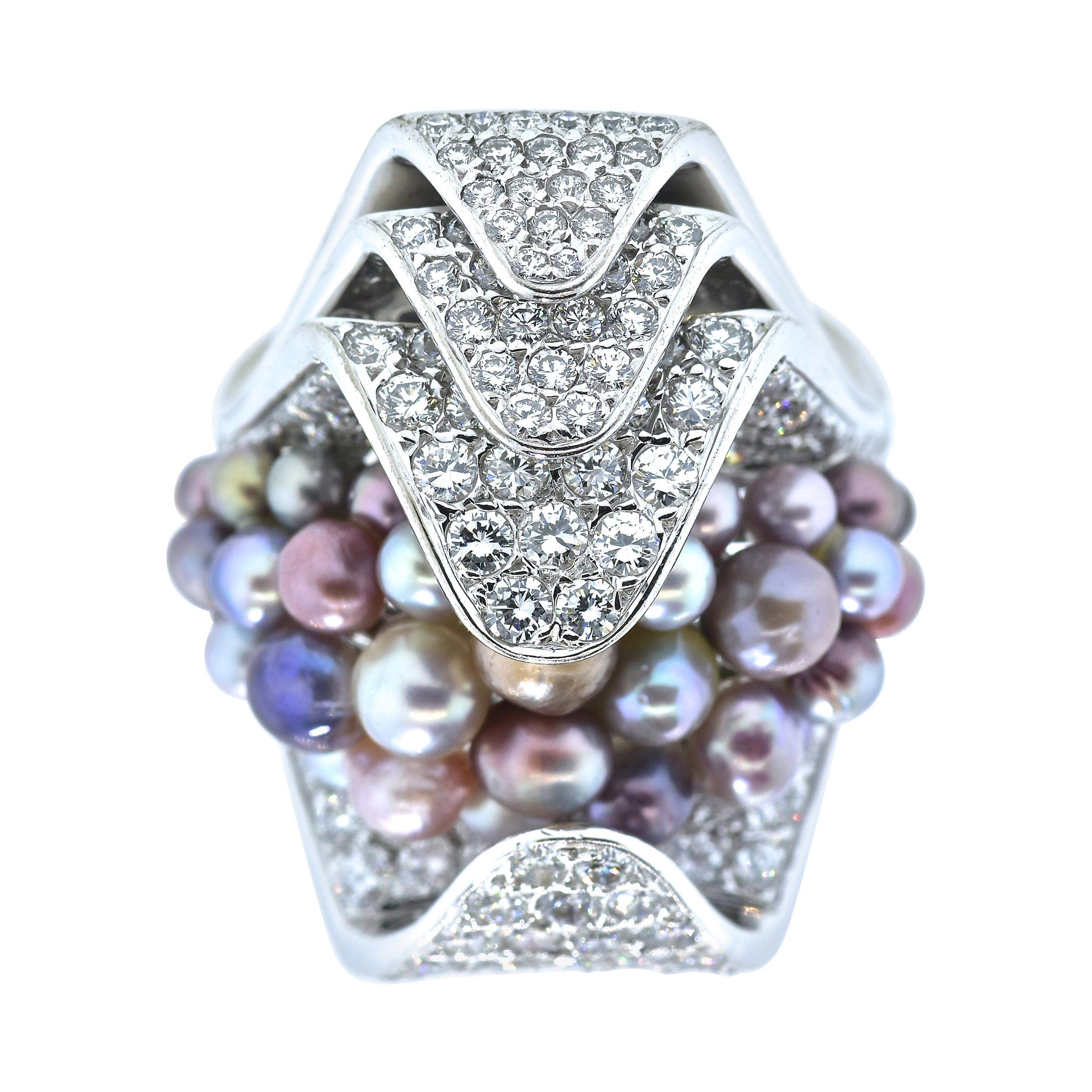 Modern Natural Saltwater Fancy Color Pearls and Fine White Diamond Ring