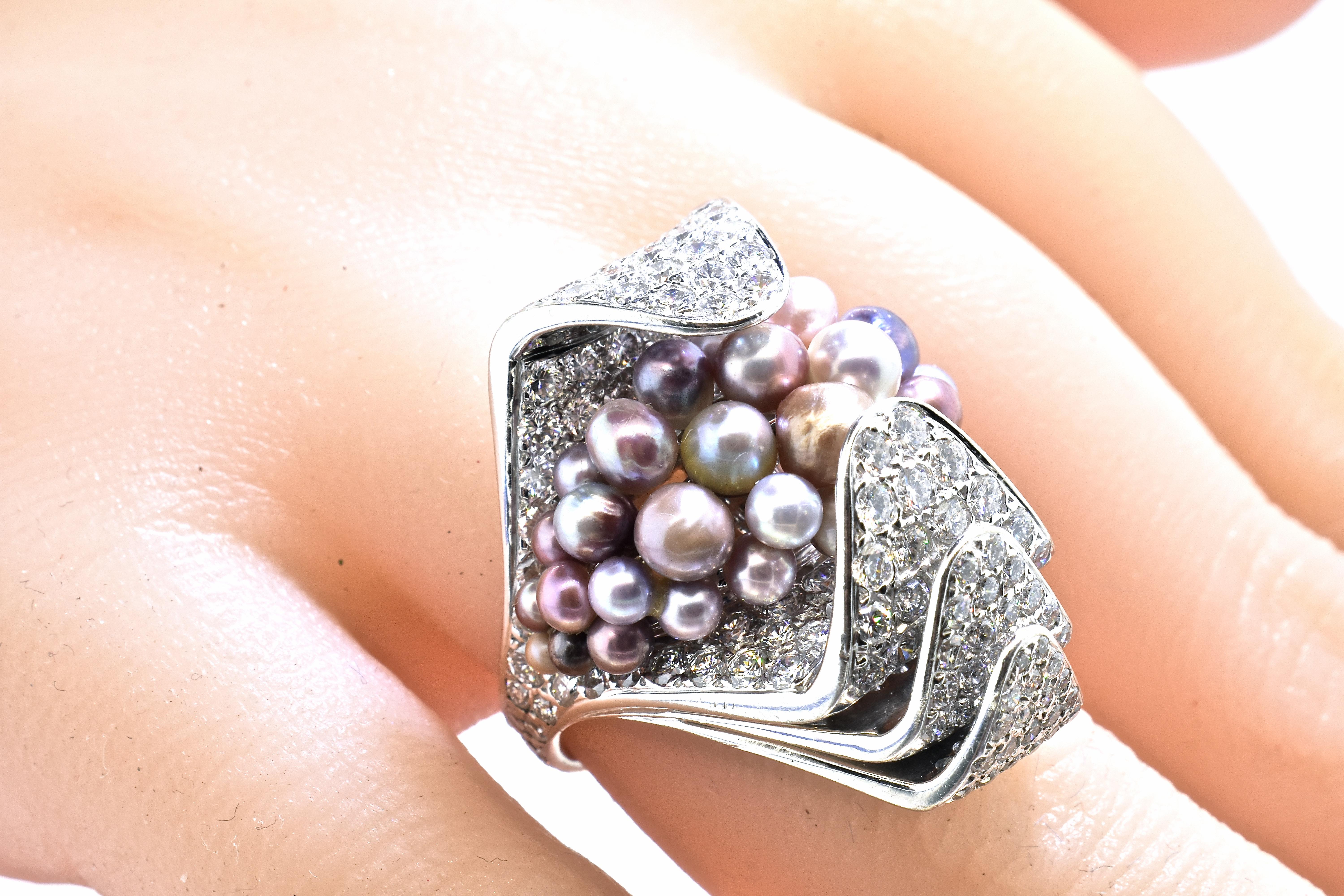 Brilliant Cut Natural Saltwater Fancy Color Pearls and Fine White Diamond Ring