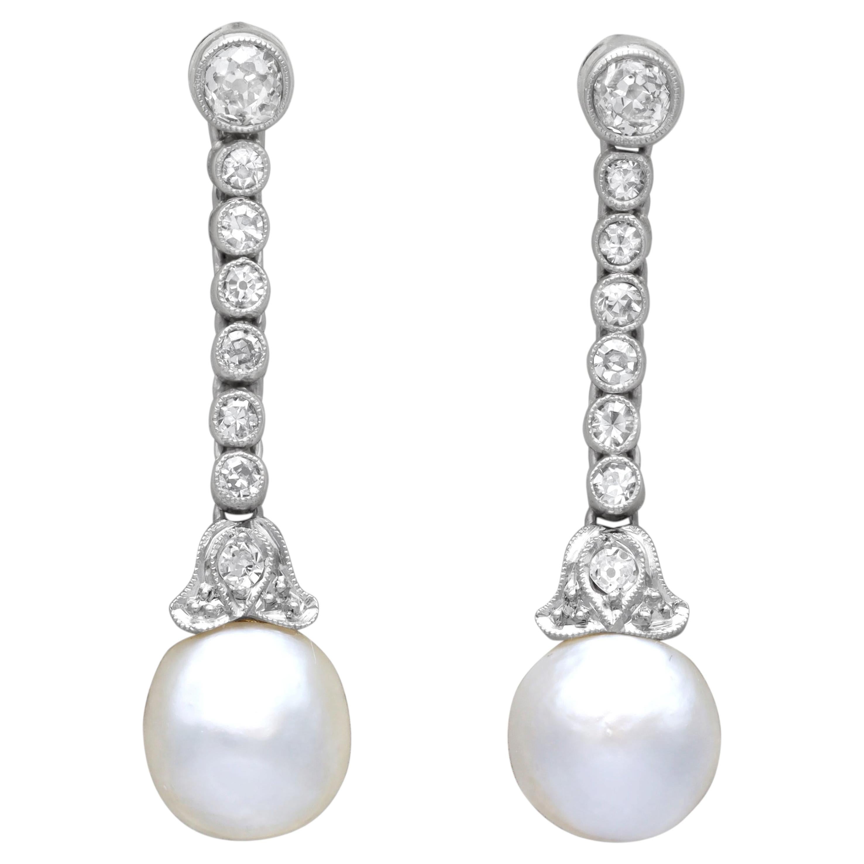 Natural Saltwater Pearl and 1.00 Carat Diamond 14k Yellow Gold Drop Earrings