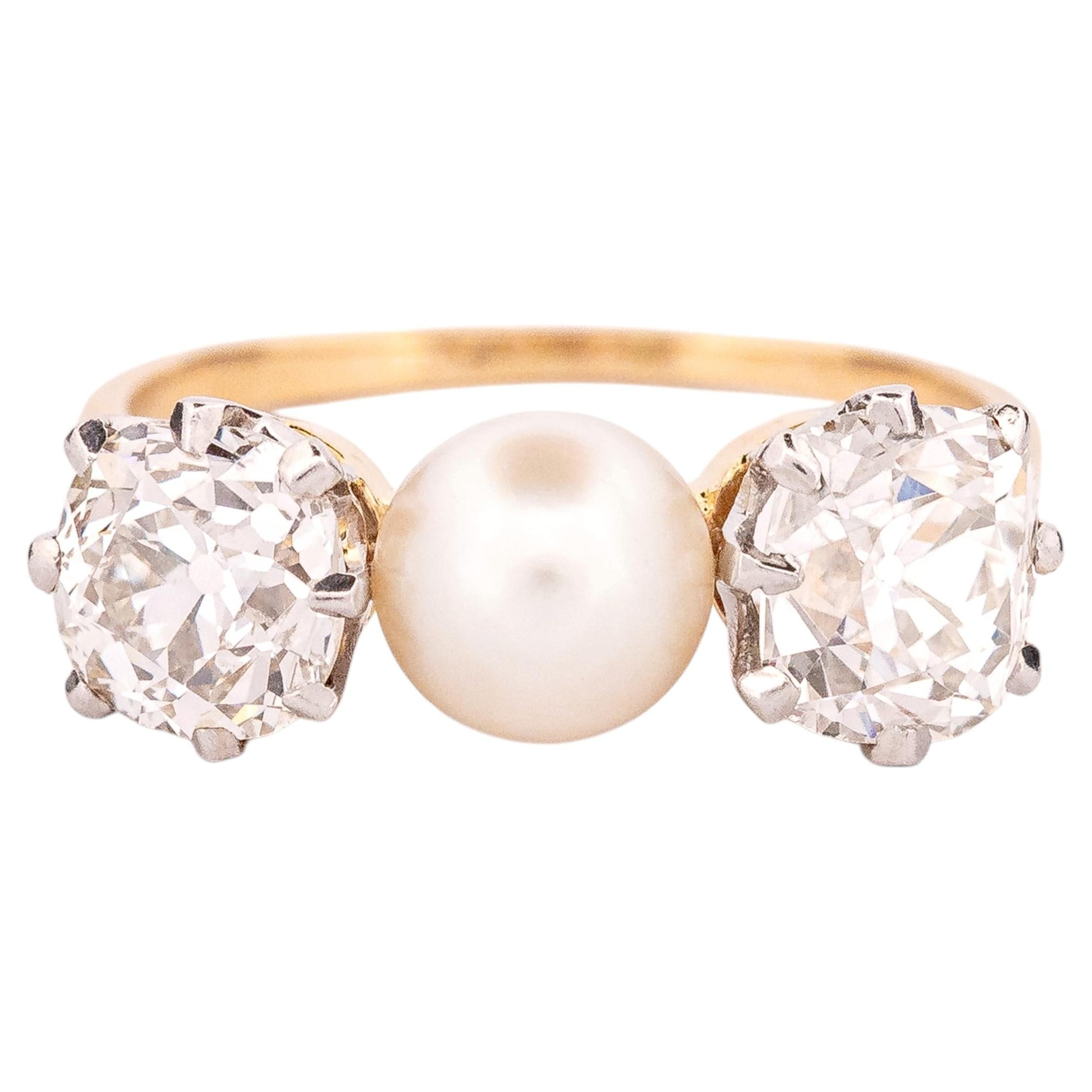 GCS Natural Pearl and 2.3 Ct Old Cut Diamond Three-Stone Ring