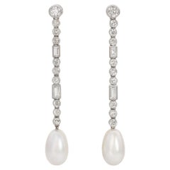 Used Natural Saltwater Pearl and Art Deco 1 Carat Diamond Earrings