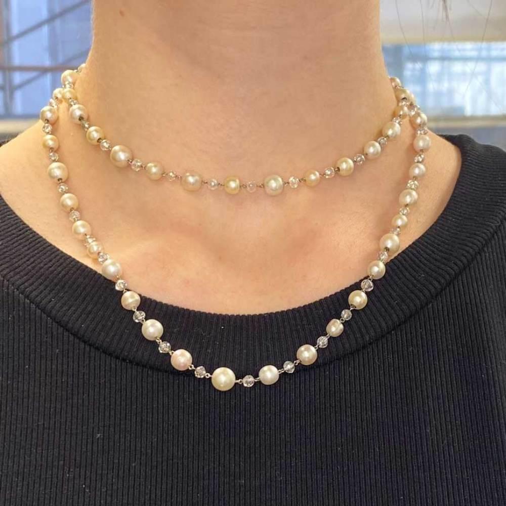 This stunning necklace boasts a strand of alternating natural saltwater pearls and briolette-cut diamonds. The pearls, with a captivating luster, collectively weigh 96.74 carats, while the total diamond weight is an impressive 24.31 carats. Crafted