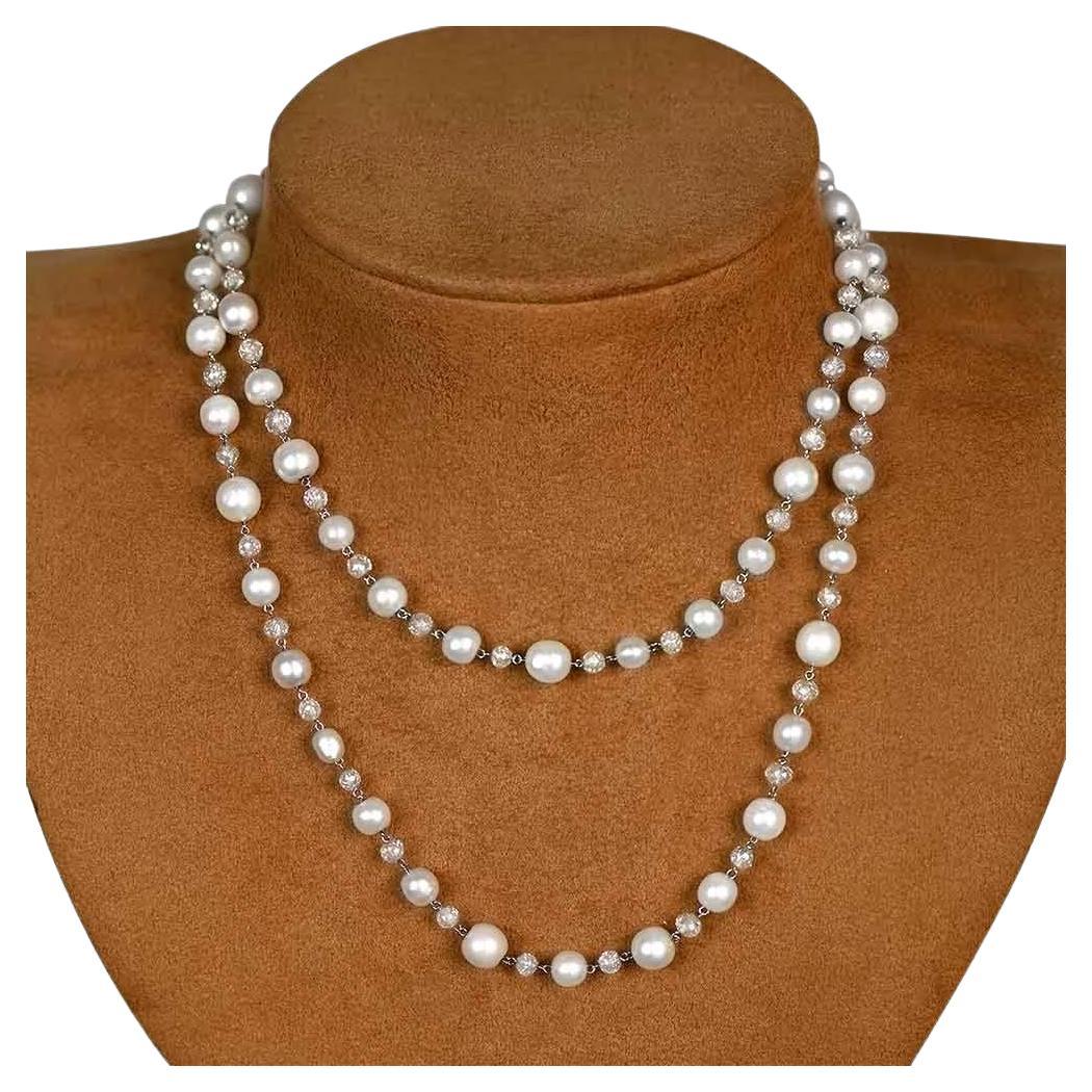 Natural Saltwater Pearl & Briolette Cut Diamond Necklace, Platinum 