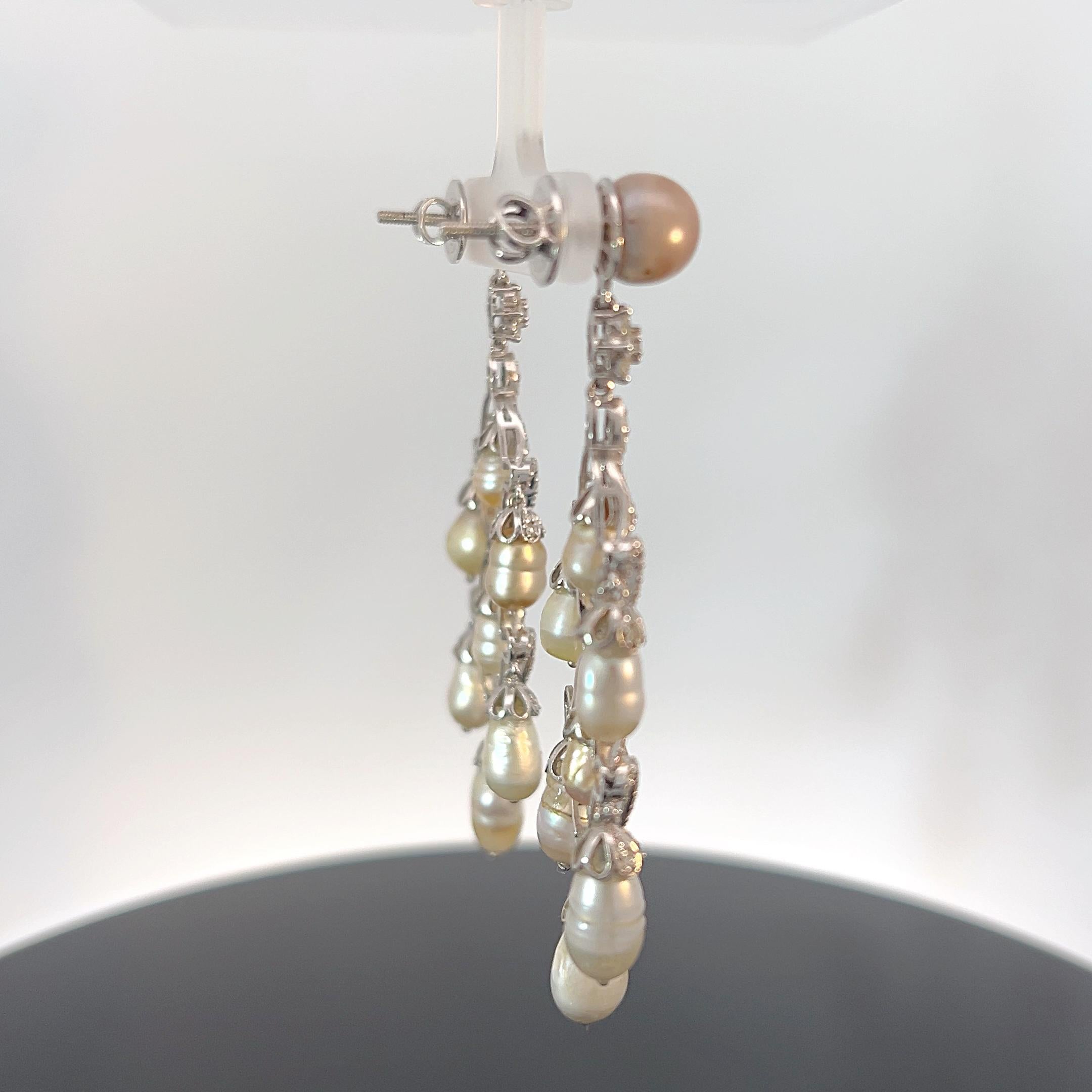 Brilliant Cut Natural Saltwater Pearl Chandelier Earrings DANAT Certified For Sale