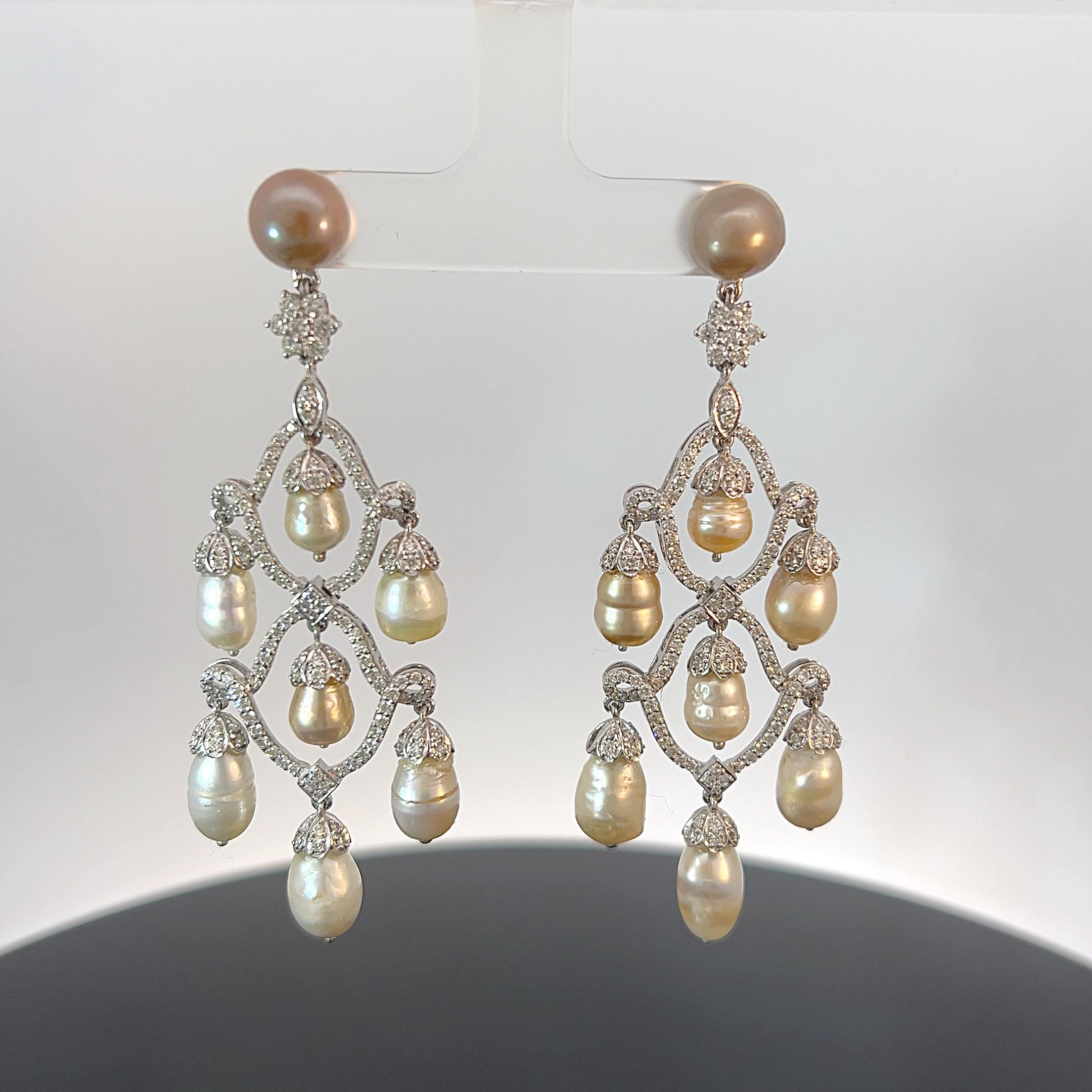 Women's Natural Saltwater Pearl Chandelier Earrings DANAT Certified For Sale
