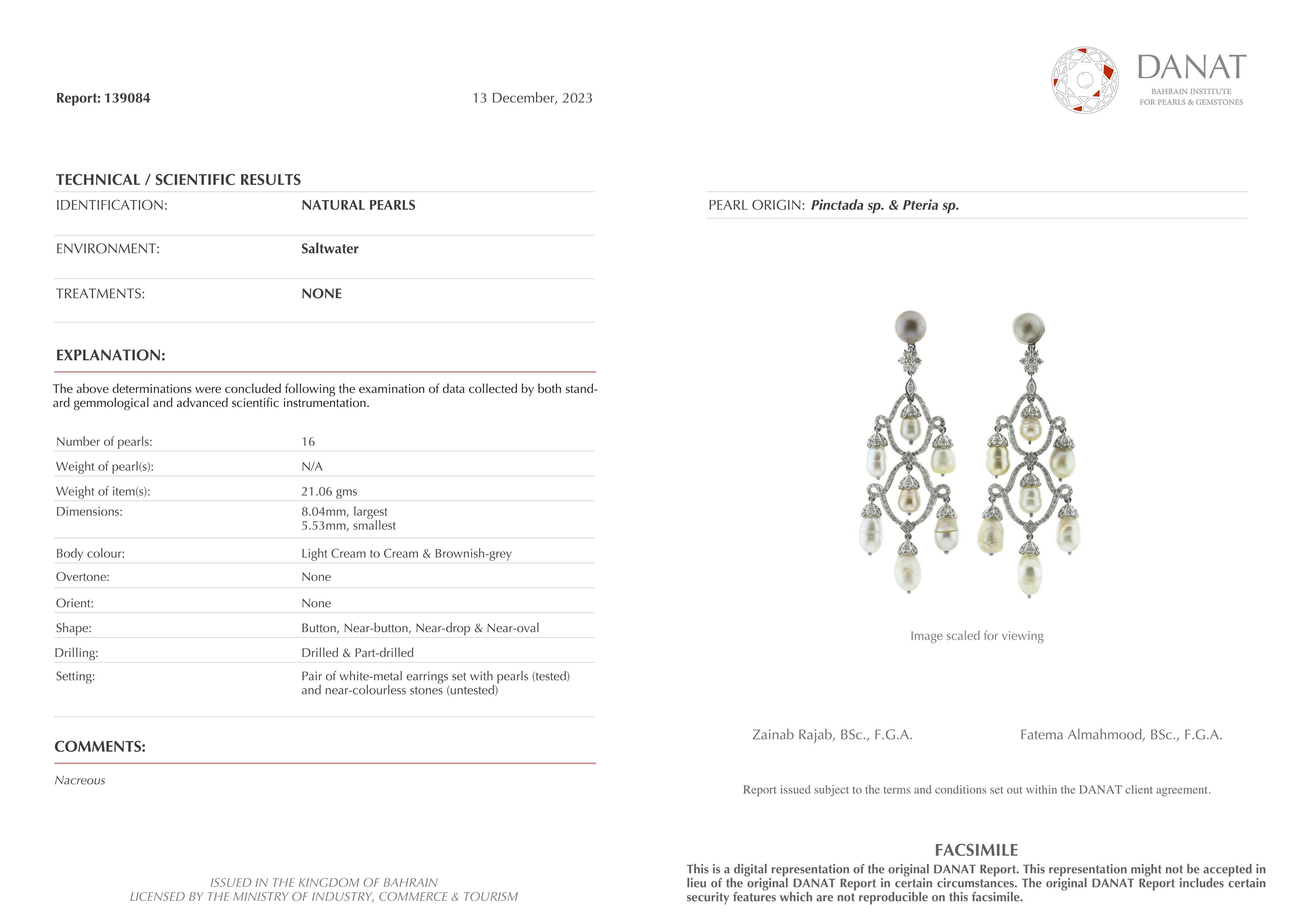 Natural Saltwater Pearl Chandelier Earrings DANAT Certified For Sale 2
