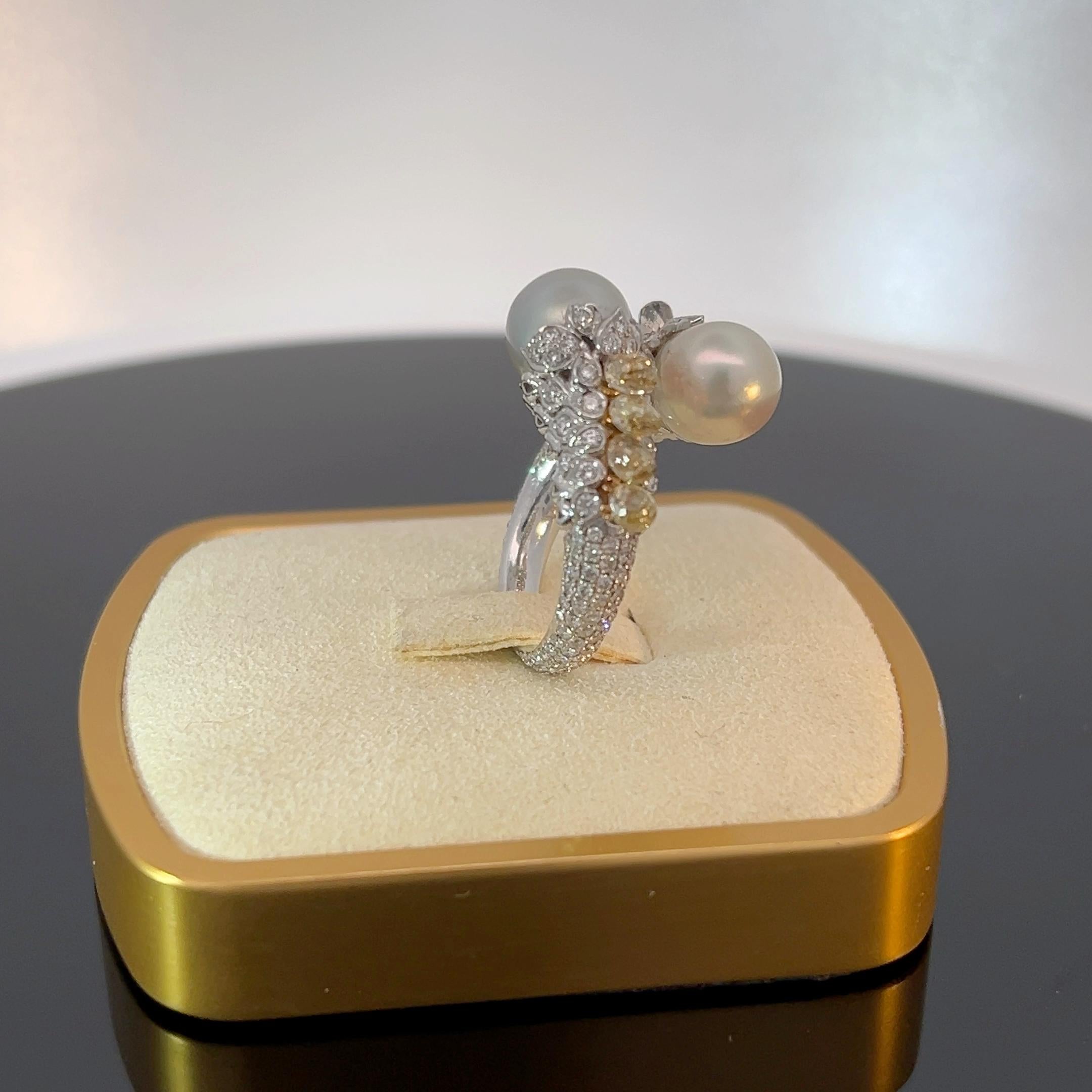 Brilliant Cut Natural Saltwater Pearl Cocktail Ring Certified SSEF For Sale
