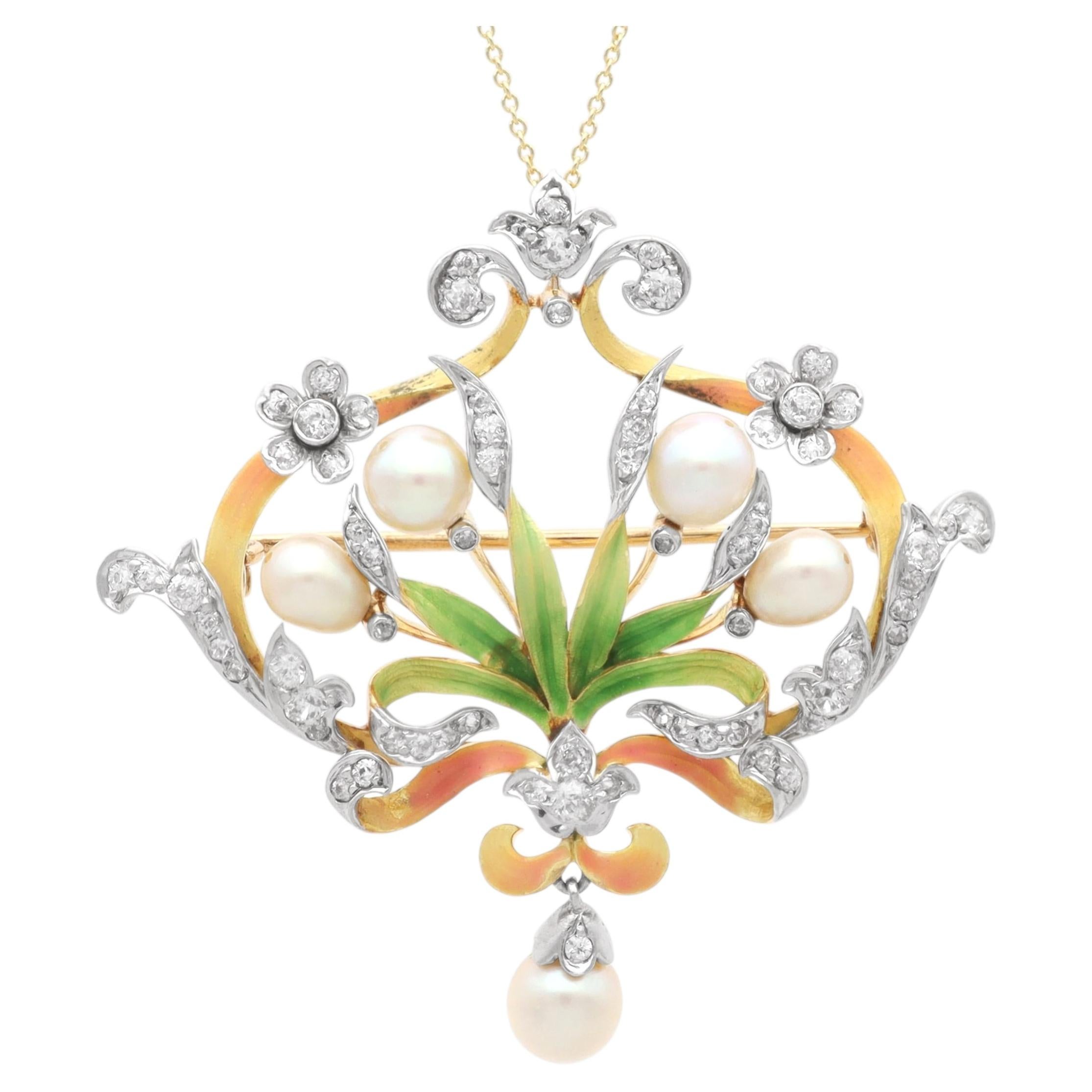 Colgante/broche de perla natural de agua salada, diamantes, esmalte y oro amarillo de 18k