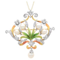 Natural Saltwater Pearl Diamond Enamel and 18k Yellow Gold Pendant / Brooch