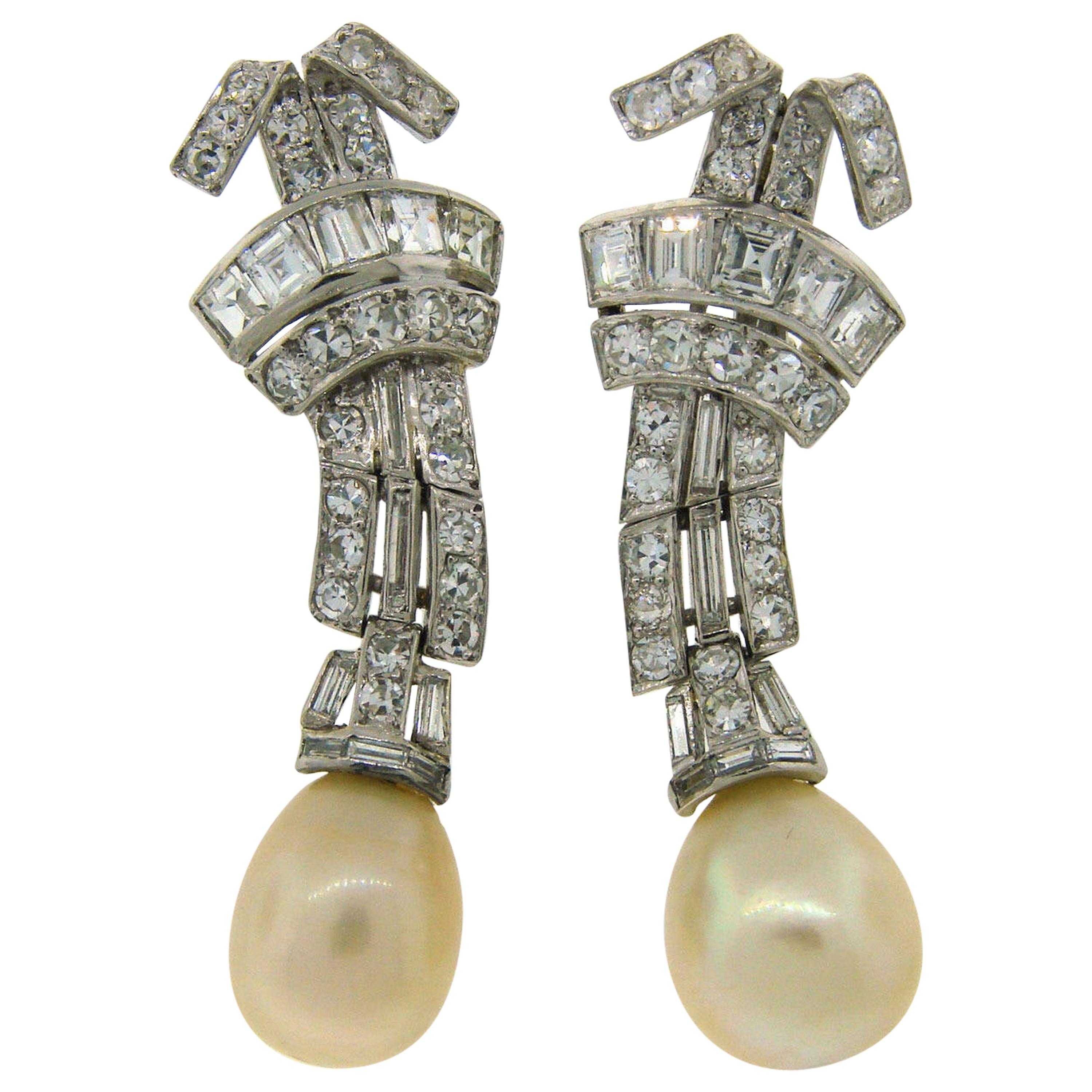 Natural Saltwater Pearl Diamond Platinum Clip-On Earrings For Sale