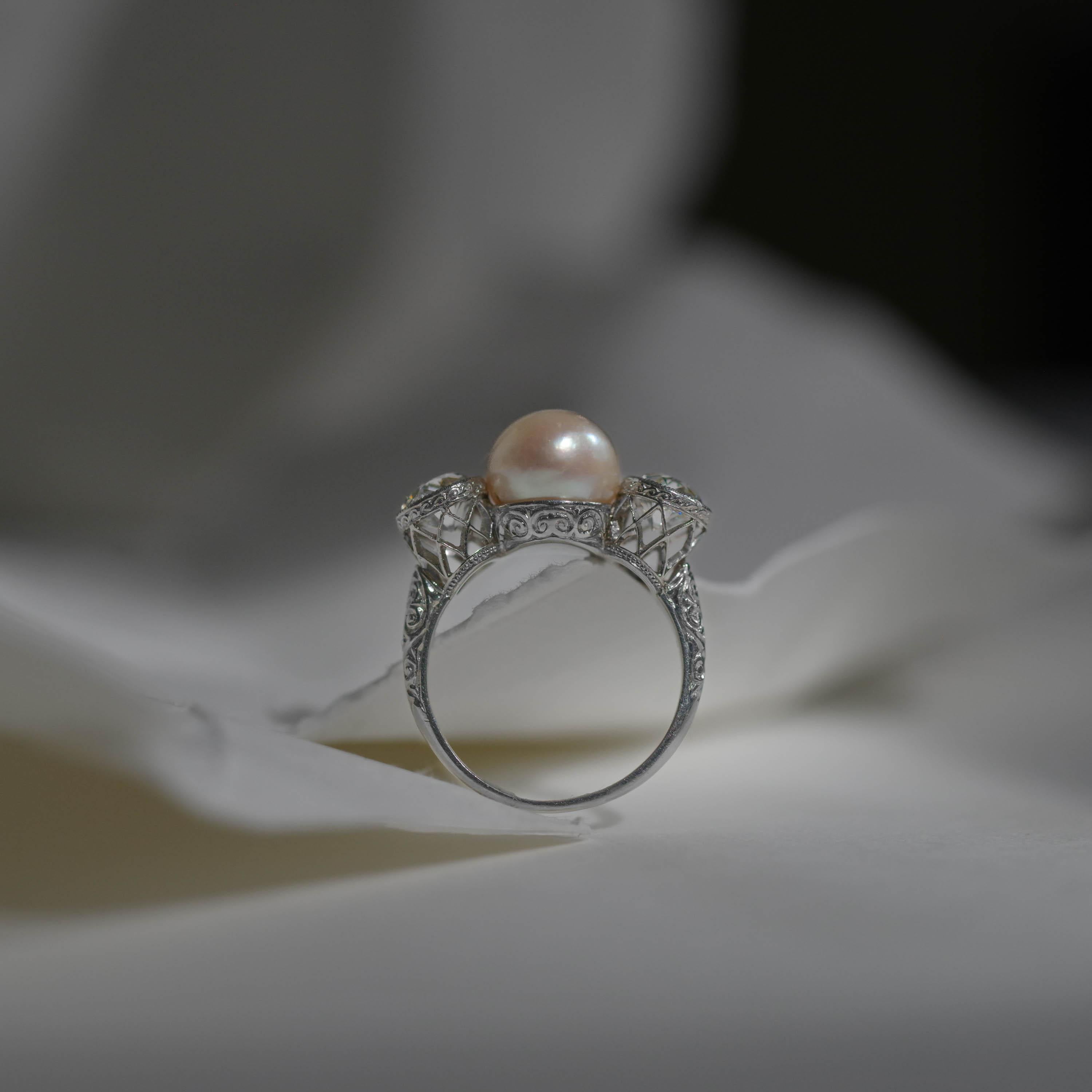 Diamond, Pearl Ring GIA Certified Natural, Edwardian, Black Starr and Frost For Sale 9