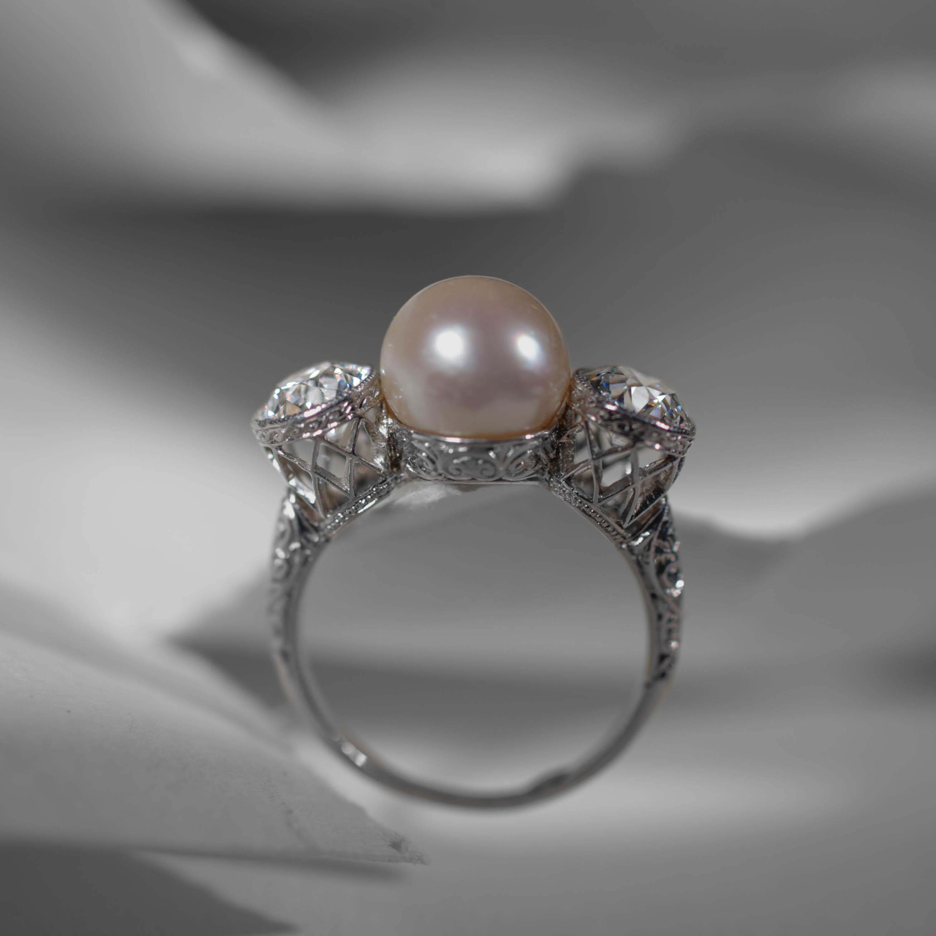 Old European Cut Diamond, Pearl Ring GIA Certified Natural, Edwardian, Black Starr and Frost For Sale