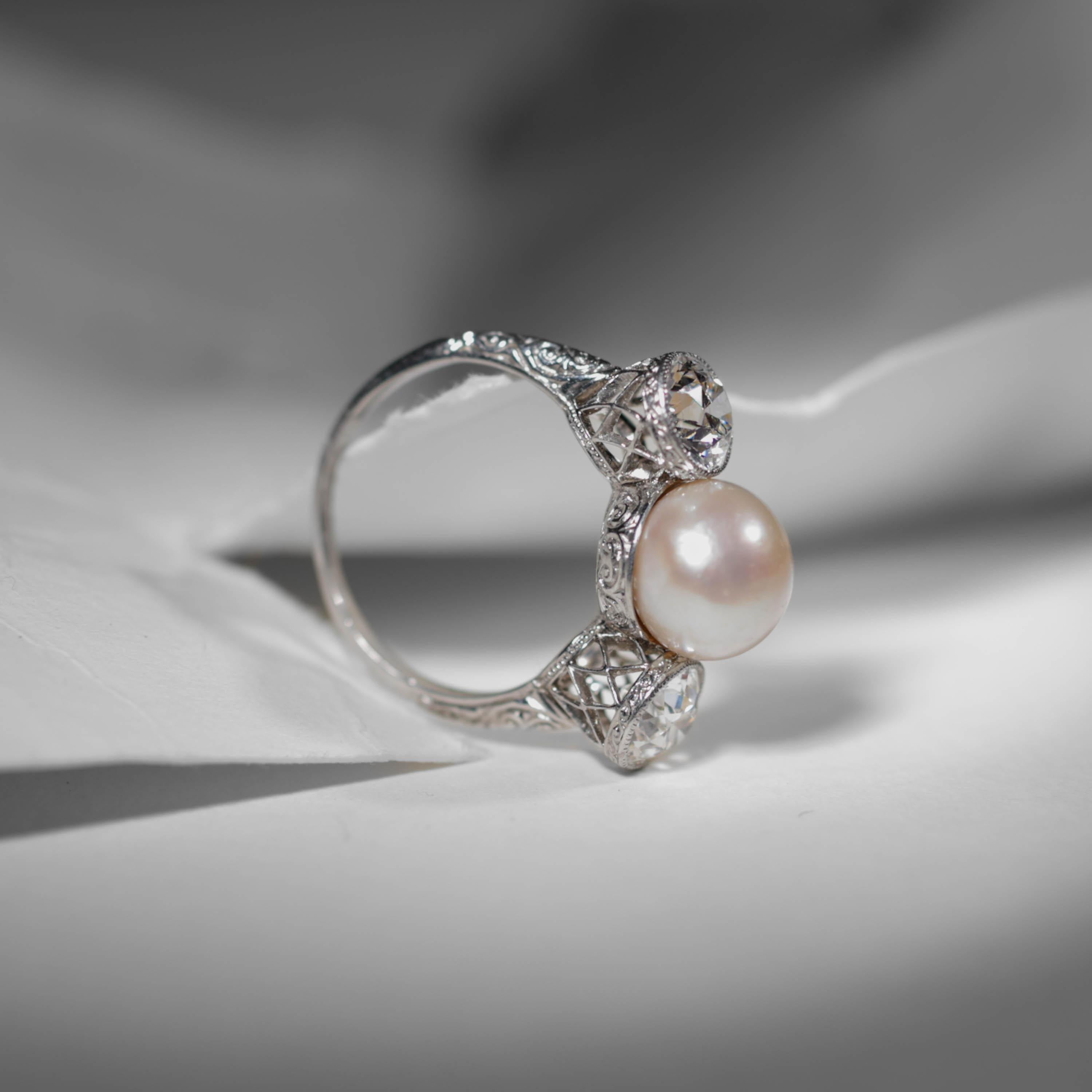 Diamond, Pearl Ring GIA Certified Natural, Edwardian, Black Starr and Frost In Excellent Condition For Sale In Southbury, CT