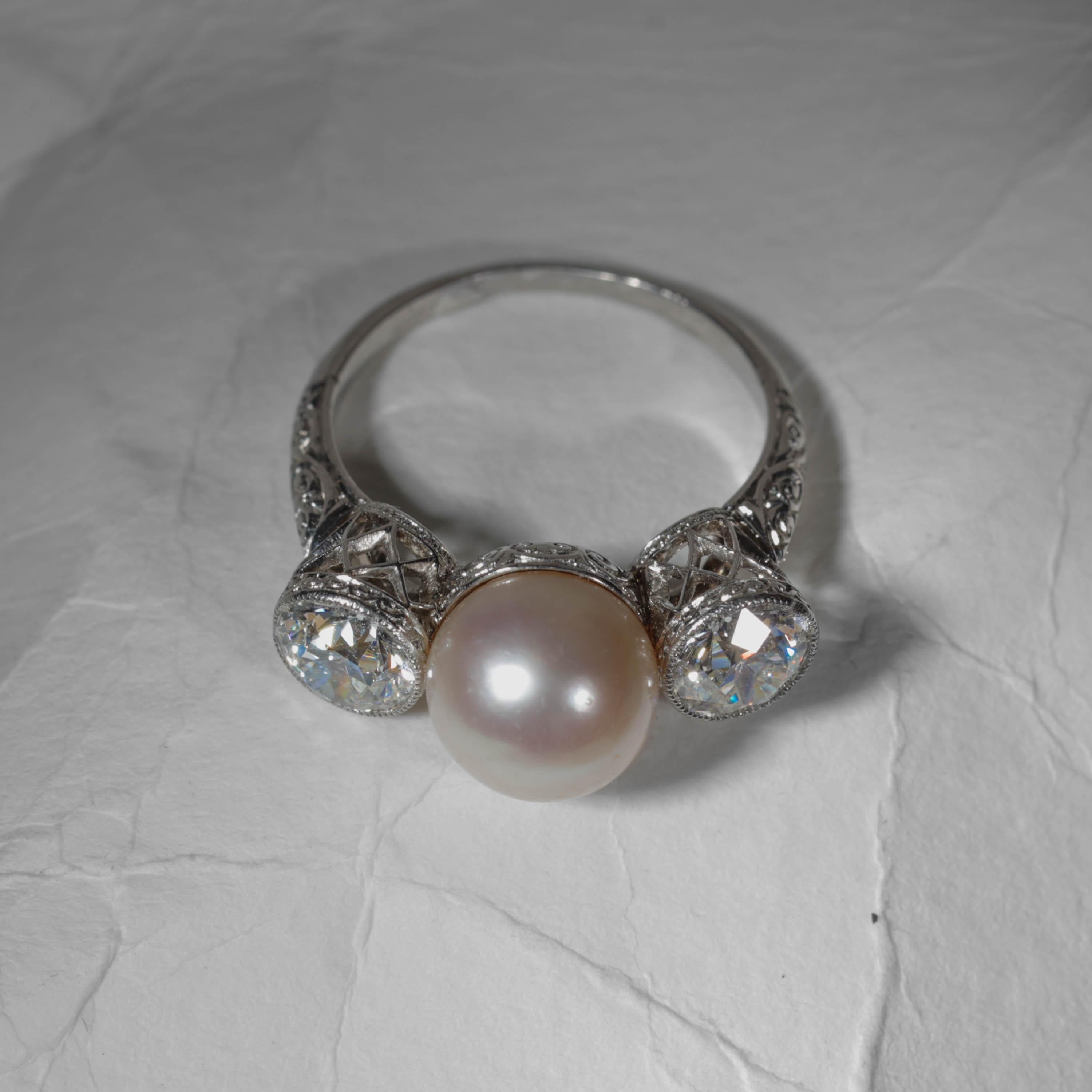 Diamond, Pearl Ring GIA Certified Natural, Edwardian, Black Starr and Frost For Sale 2