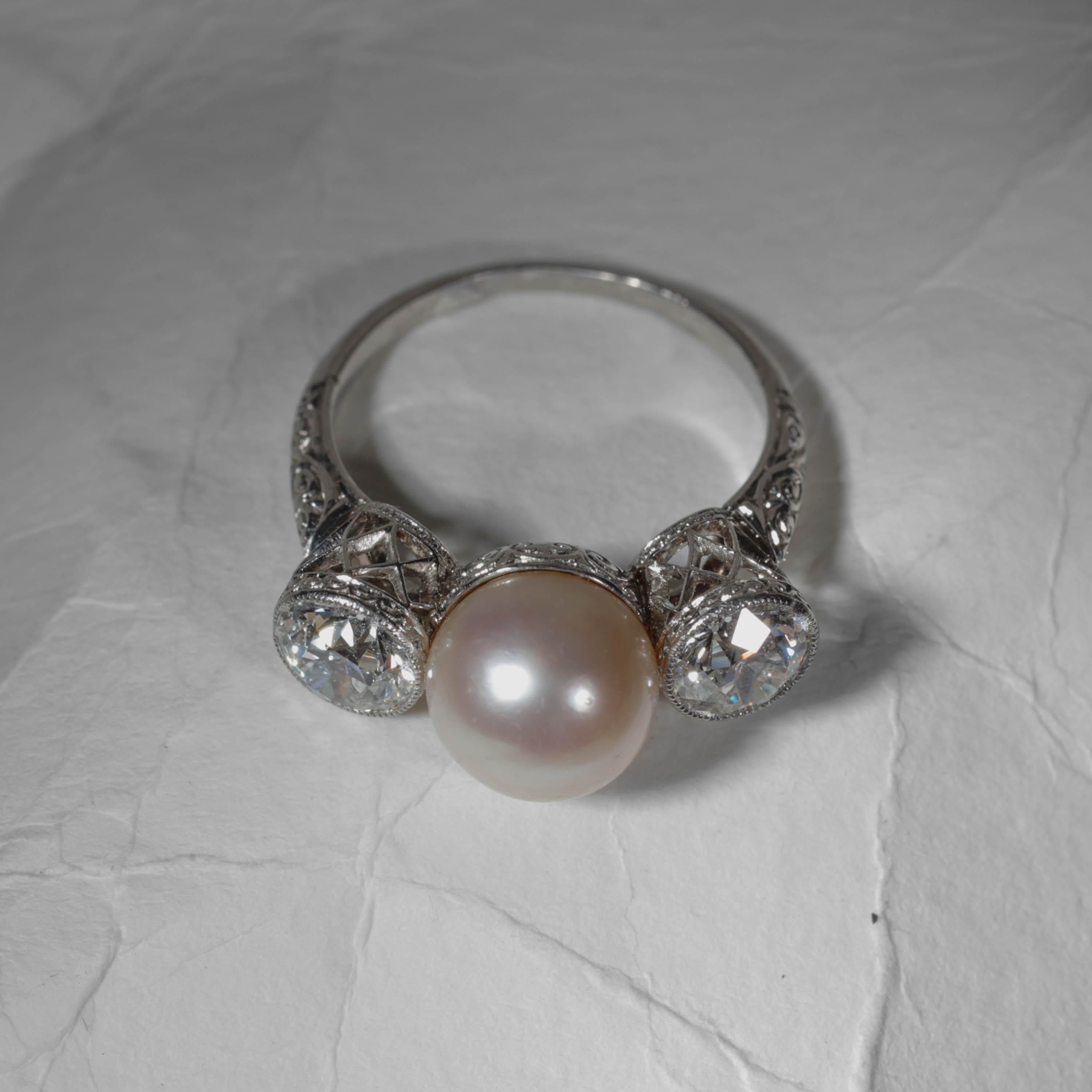 Diamond, Pearl Ring GIA Certified Natural, Edwardian, Black Starr and Frost For Sale 3
