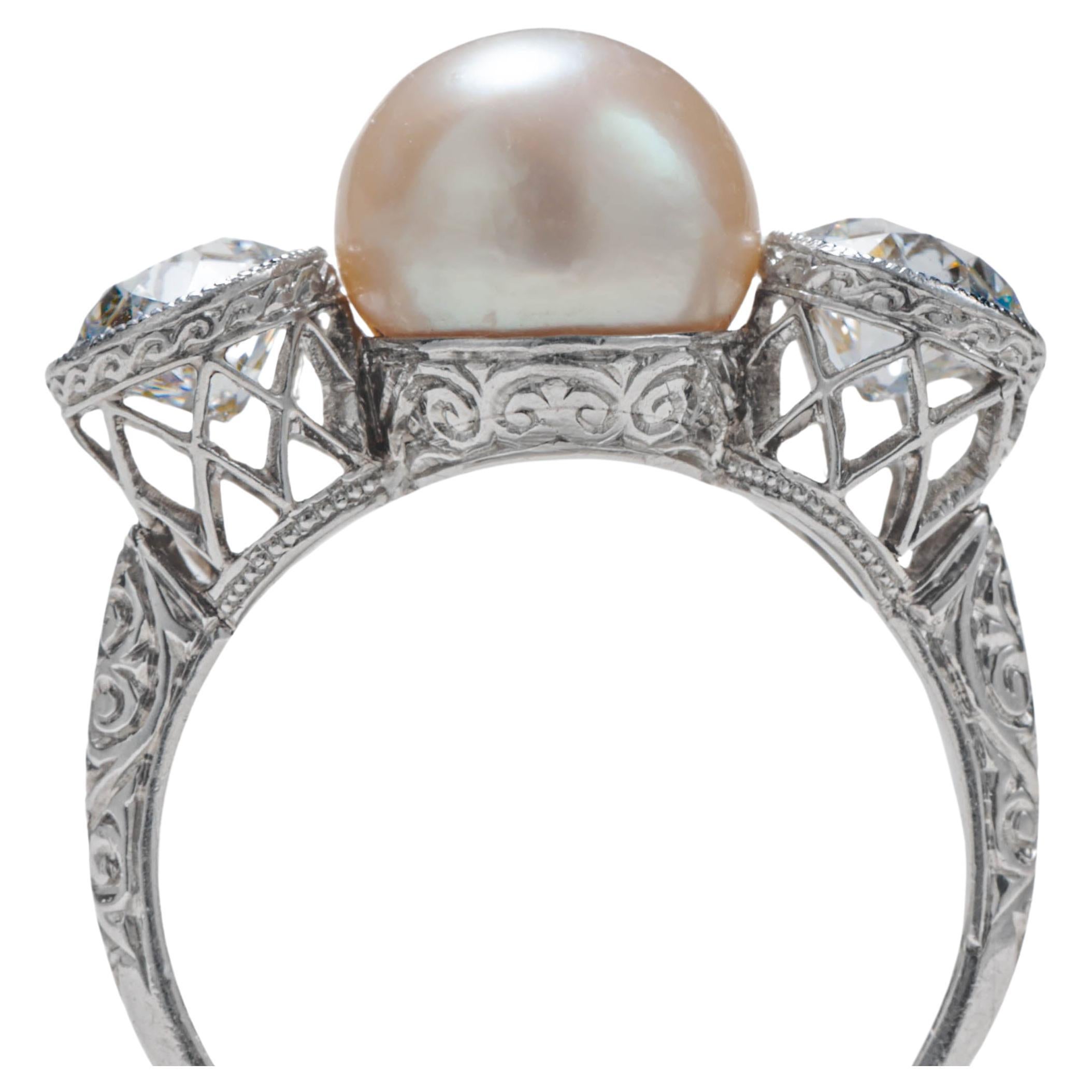 Diamond, Pearl Ring GIA Certified Natural, Edwardian, Black Starr and Frost For Sale