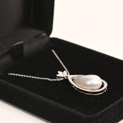 Natural Saltwater Pearl Pendant Necklace. 13ct Pearl and Diamond Halo Platinum