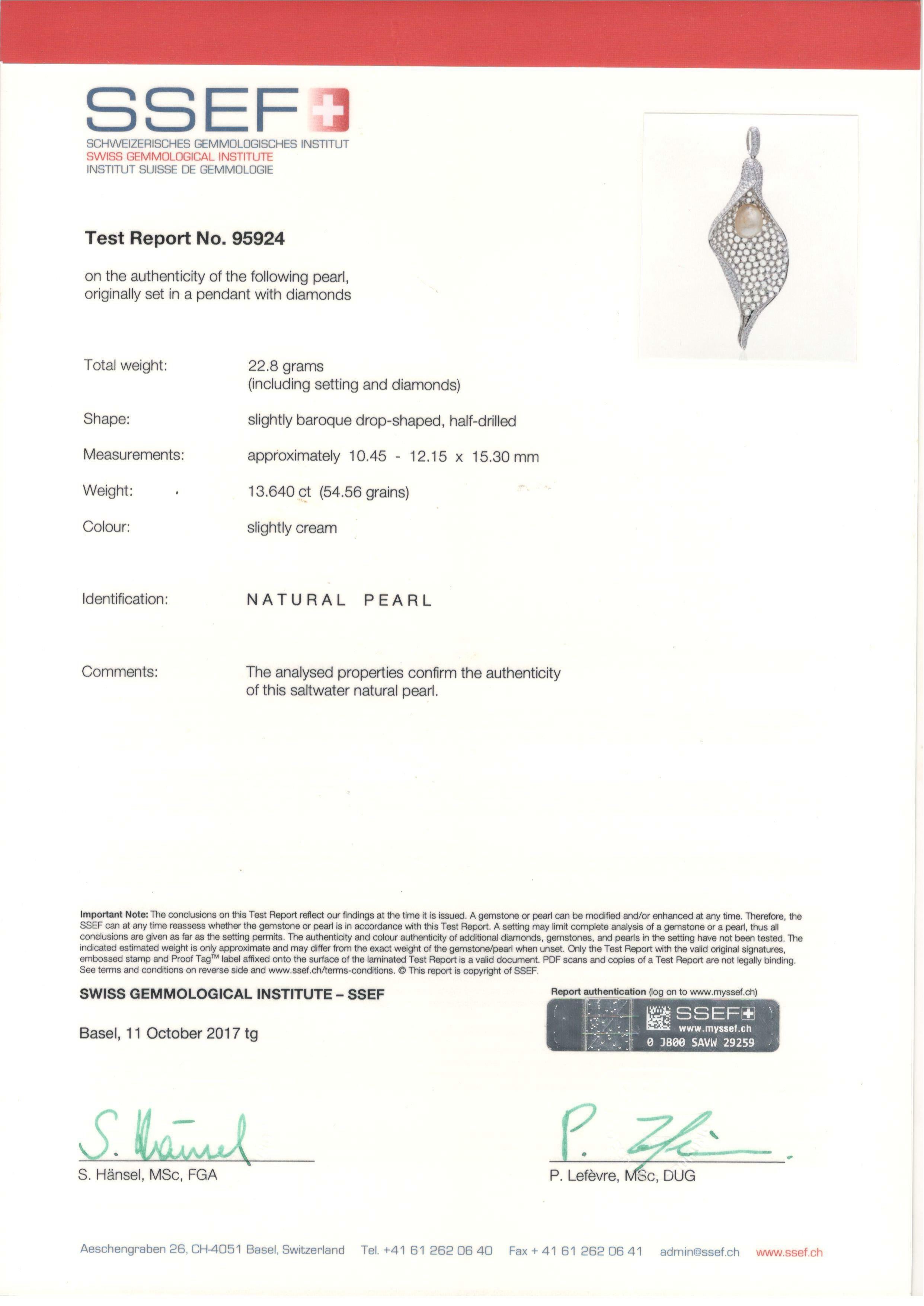 Contemporary Natural Saltwater Pearl Petal Pendant Necklace Certified BY SSEF For Sale