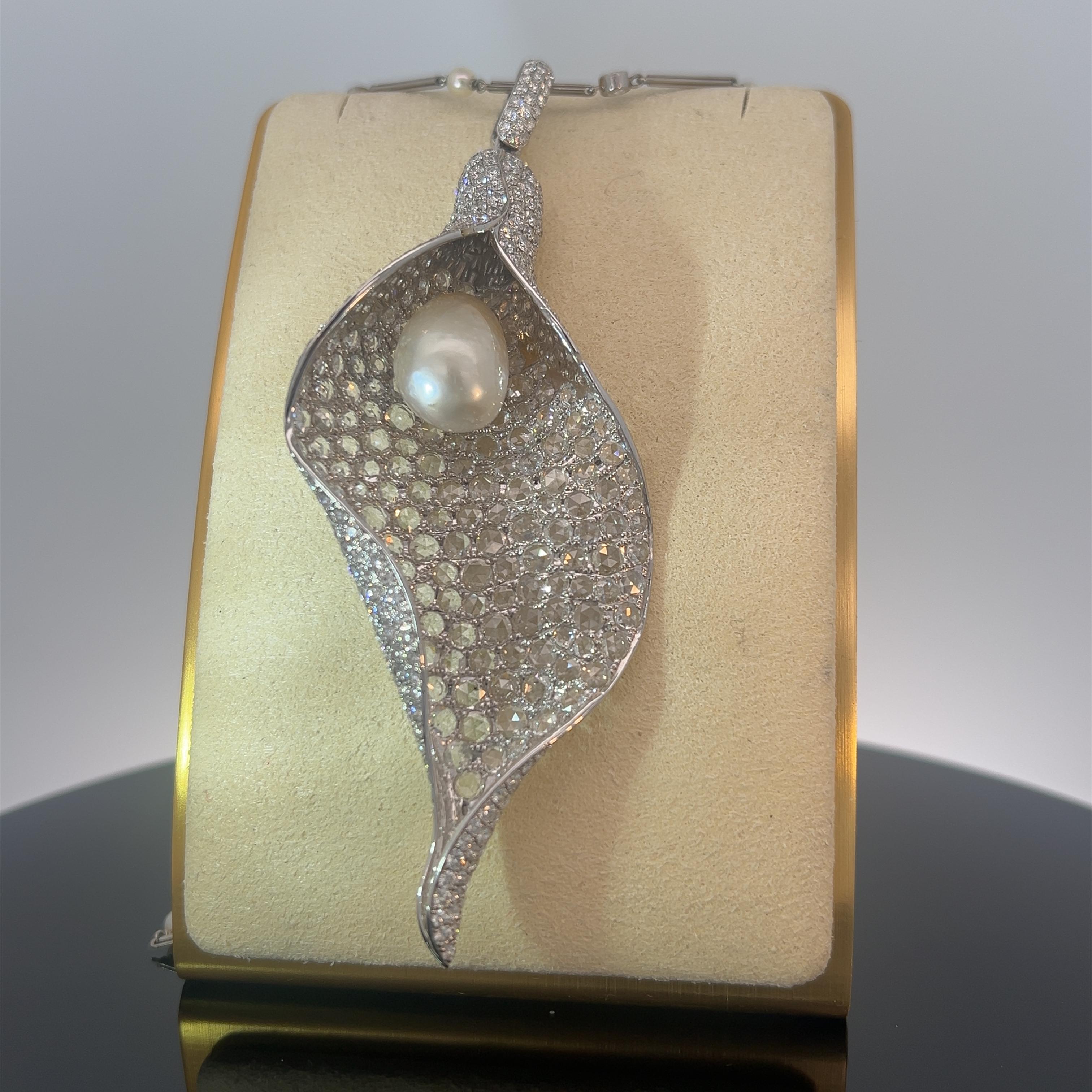 Rose Cut Natural Saltwater Pearl Petal Pendant Necklace Certified BY SSEF For Sale