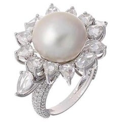 Natural Saltwater Pearl RoseDiamond & Gold Cocktail Ring GIA Certified 12.91 CTS