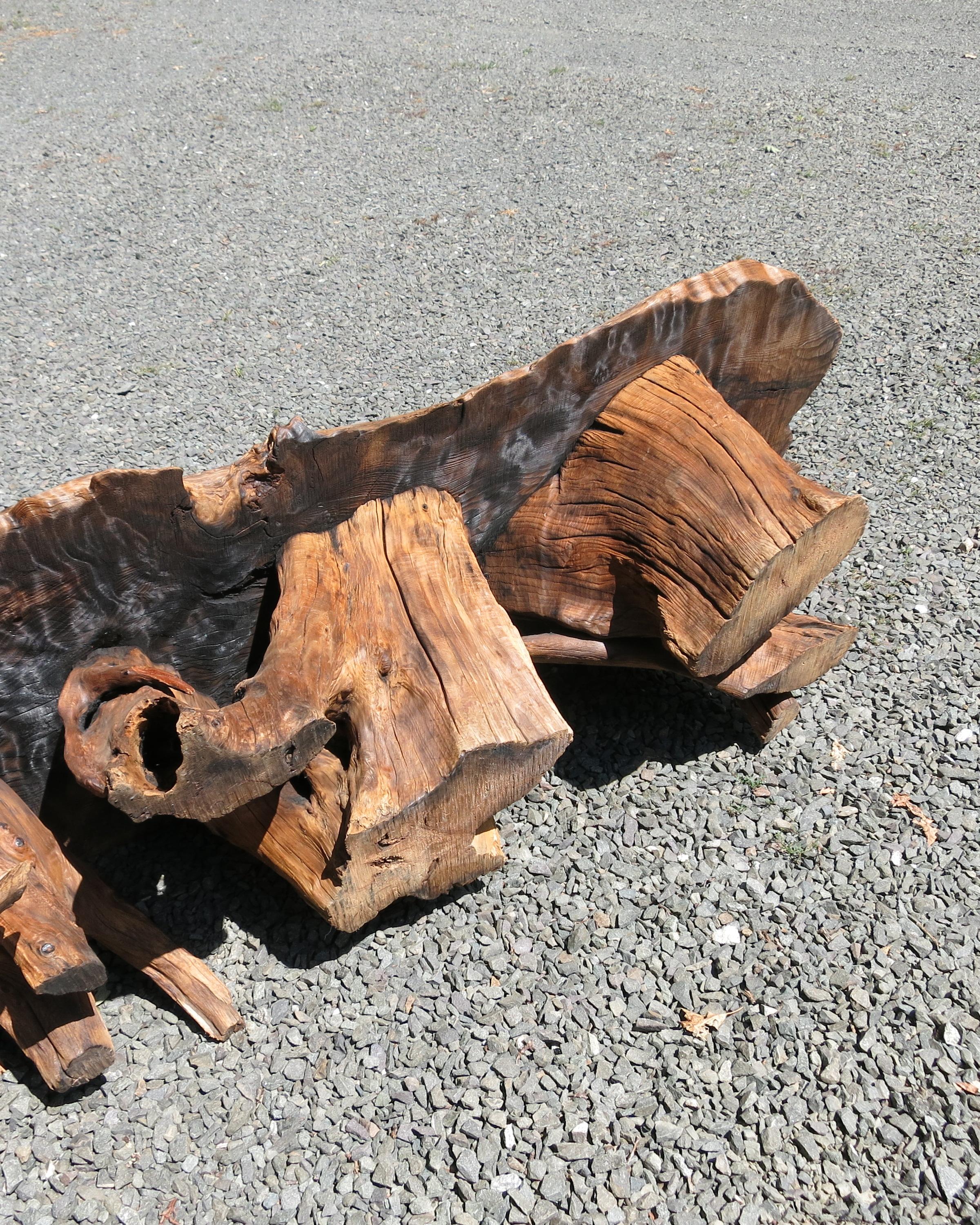 Natural Salvaged Wavy Wood Bench or Coffee Table Root Base Gallery Bench For Sale 2