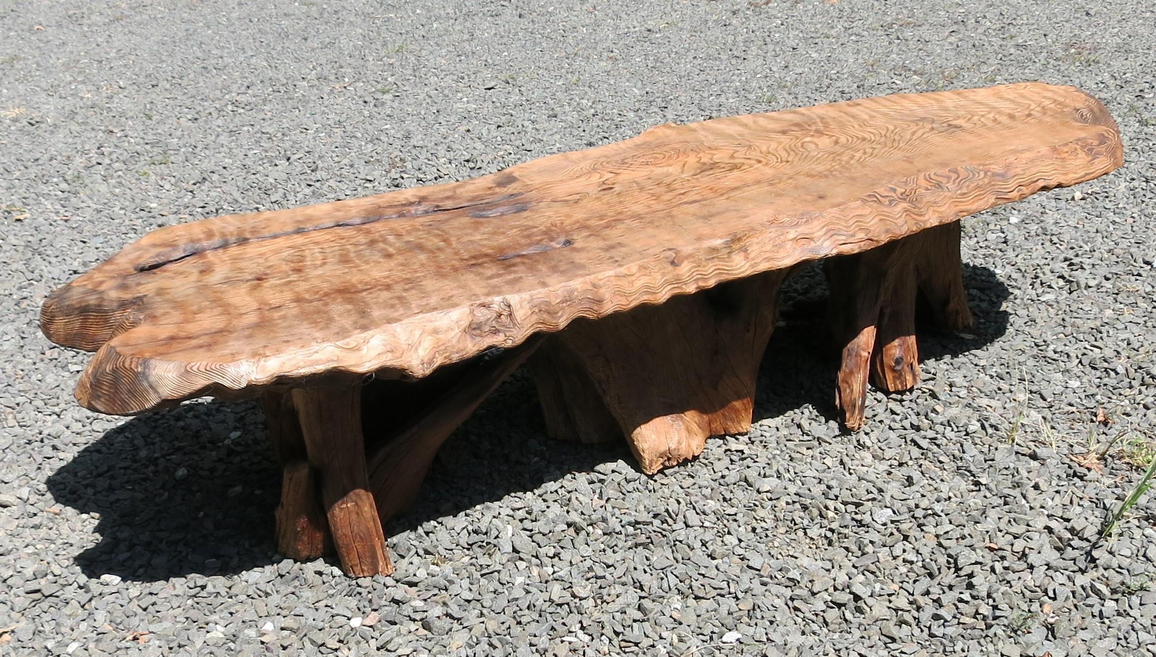Natural Salvaged Wavy Wood Bench or Coffee Table Root Base Gallery Bench For Sale 3