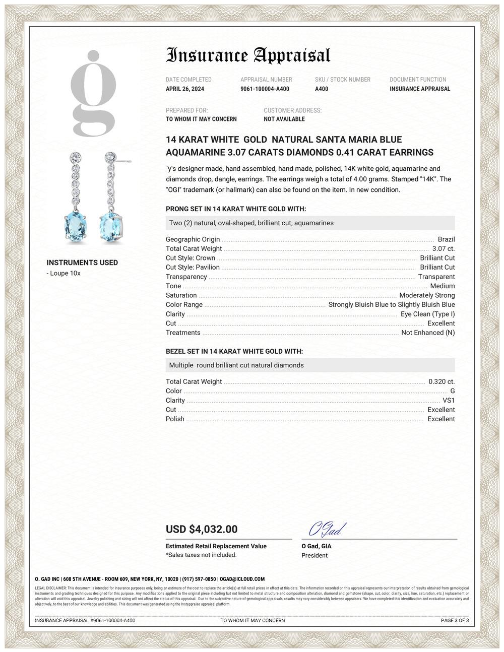 Indulge in the mesmerizing allure of the ocean with these breathtaking 14KW Natural Santa Maria Blue Aquamarine 14 Karat White Gold Drop Earrings. Earring features a stunning 3.07-carat Santa Maria Blue Aquamarine, meticulously cut into a