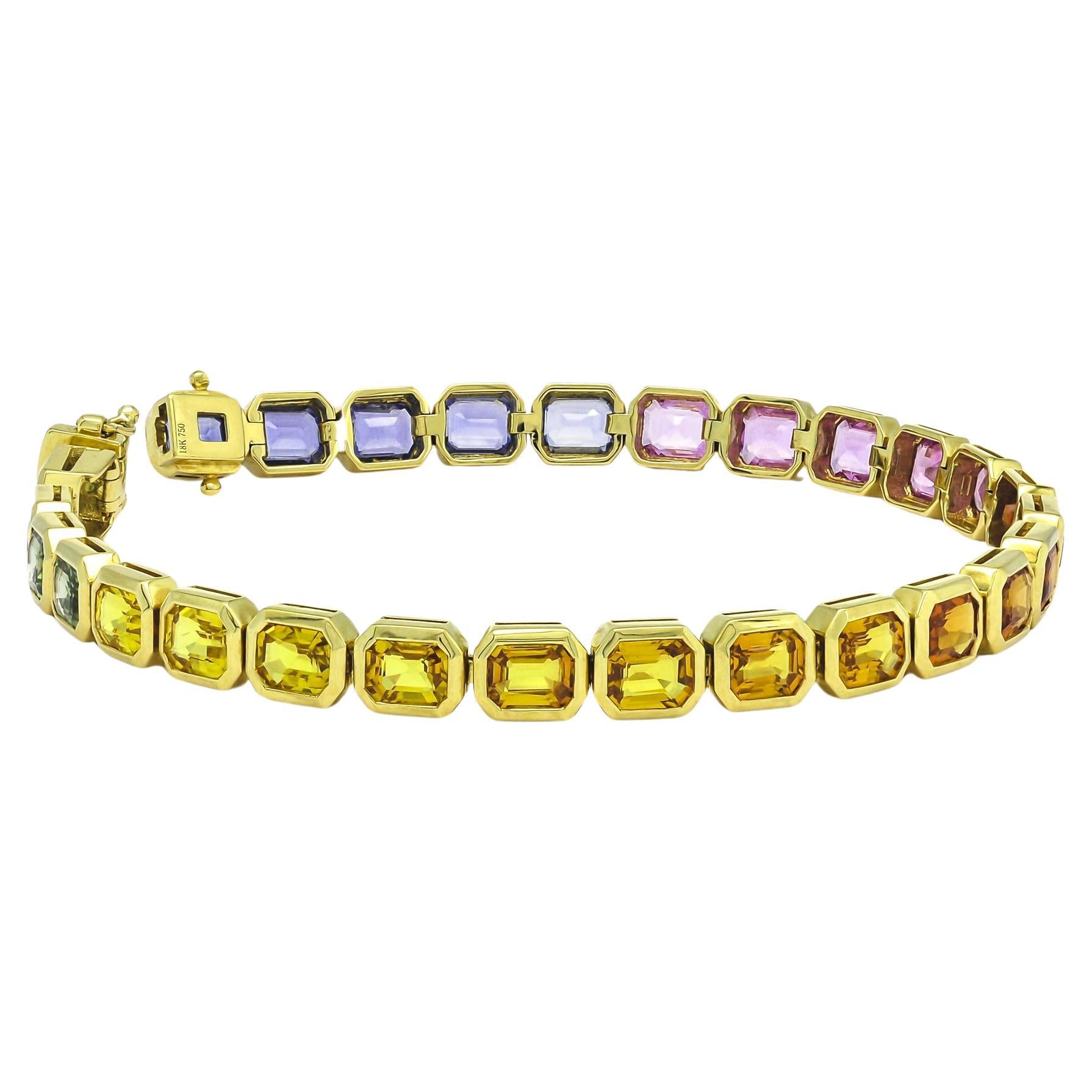Natural Sapphire 12.81 carats 18 Karat Yellow Gold Tennis Bracelet  For Sale