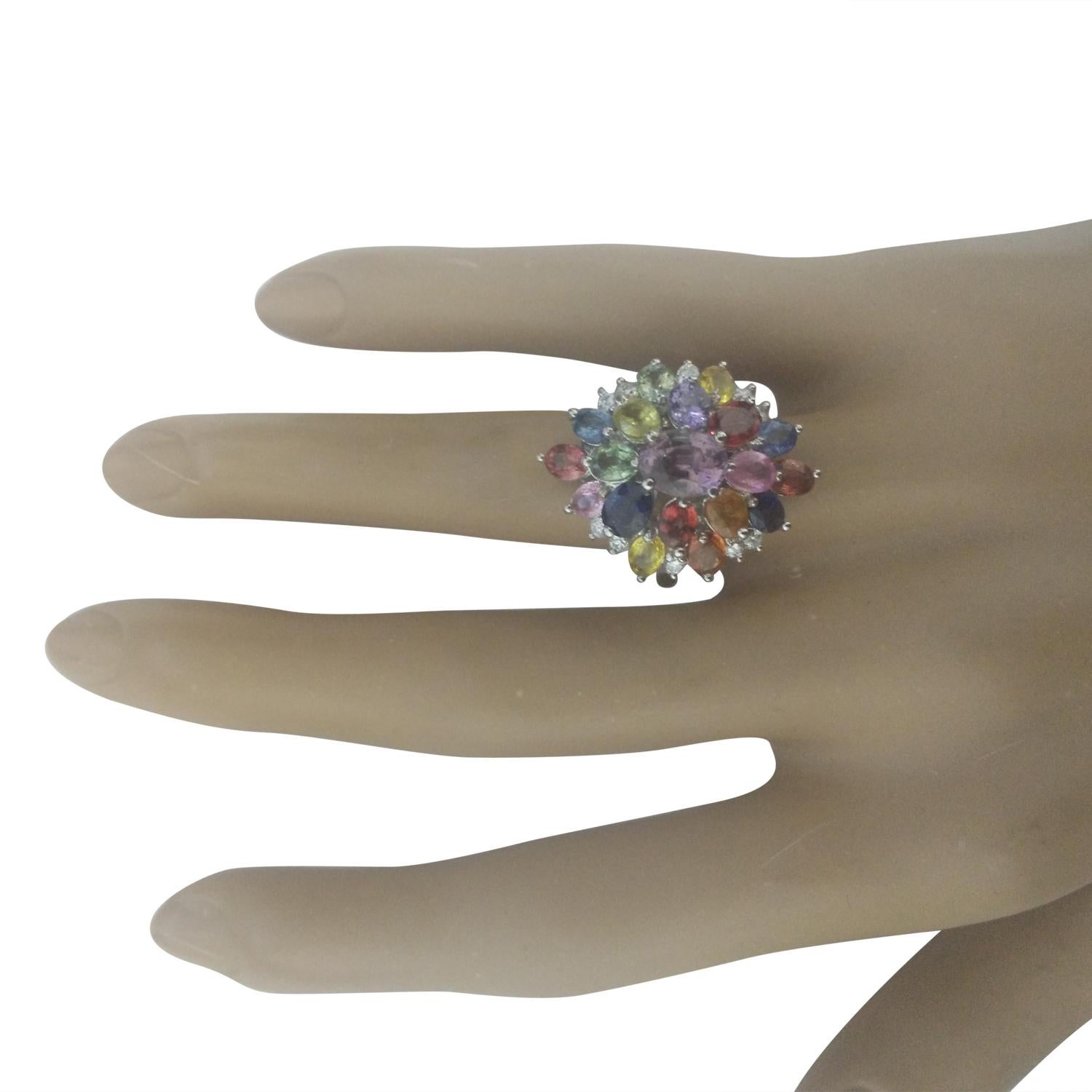 6.60 Carat Natural Sapphire 14 Karat Solid White Gold Diamond Ring
Stamped: 14K
Total Ring Weight: 6.5 Grams 
Center Sapphire Weight: 1.38 Carat (7.00x5.00 Millimeters)
Quantity: 1
Side Sapphire Weight: 4.82 Carat (5.00x3.00)
Quantity: 18
Diamond