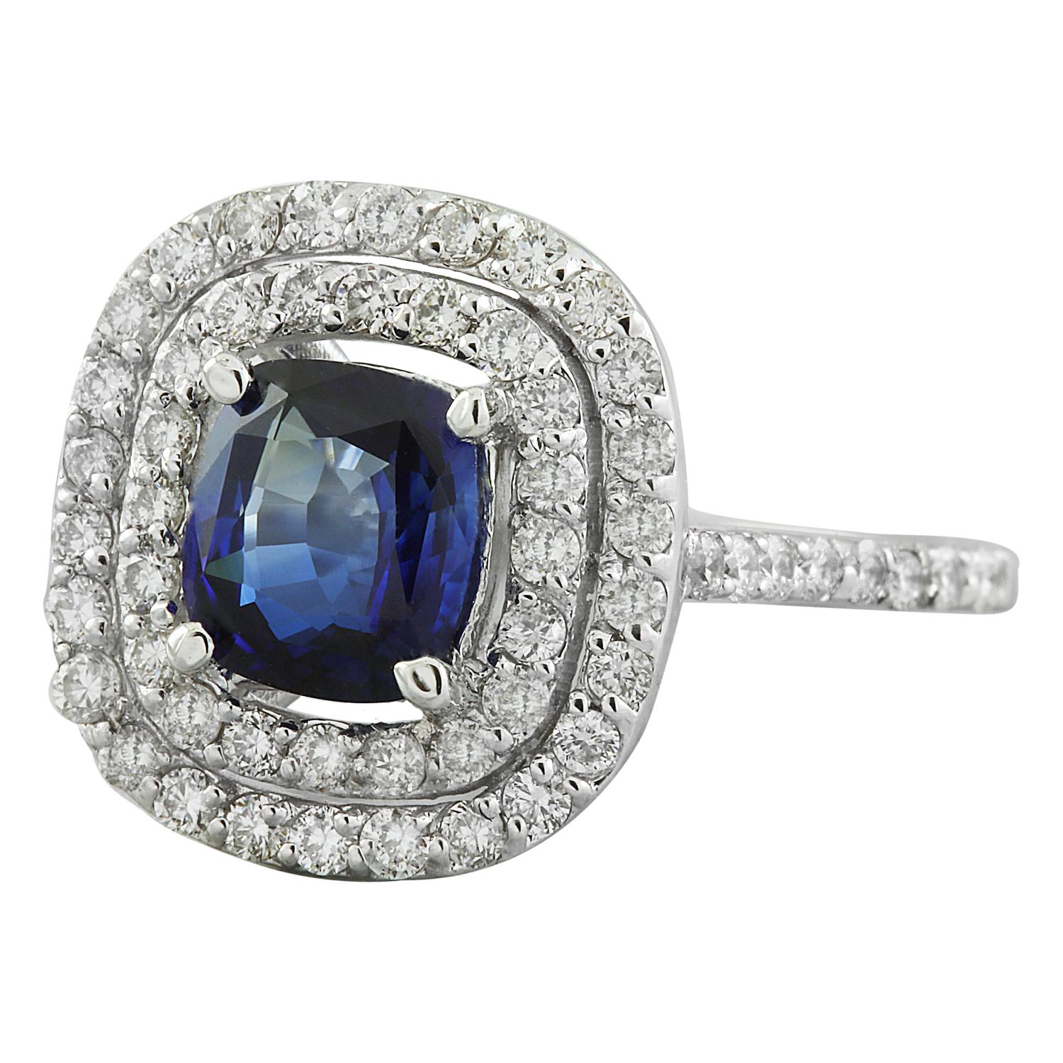 2.23 Carat Natural Sapphire 14 Karat Solid White Gold Diamond Ring
Stamped: 14K 
Total Ring Weight: 4.7 Grams 
Sapphire Weight: 1.23 Carat (6.50x6.50 Millimeters) 
Diamond Weight: 1.00 carat (F-G Color, VS2-SI1 Clarity )
Quantity: 62
Face Measures: