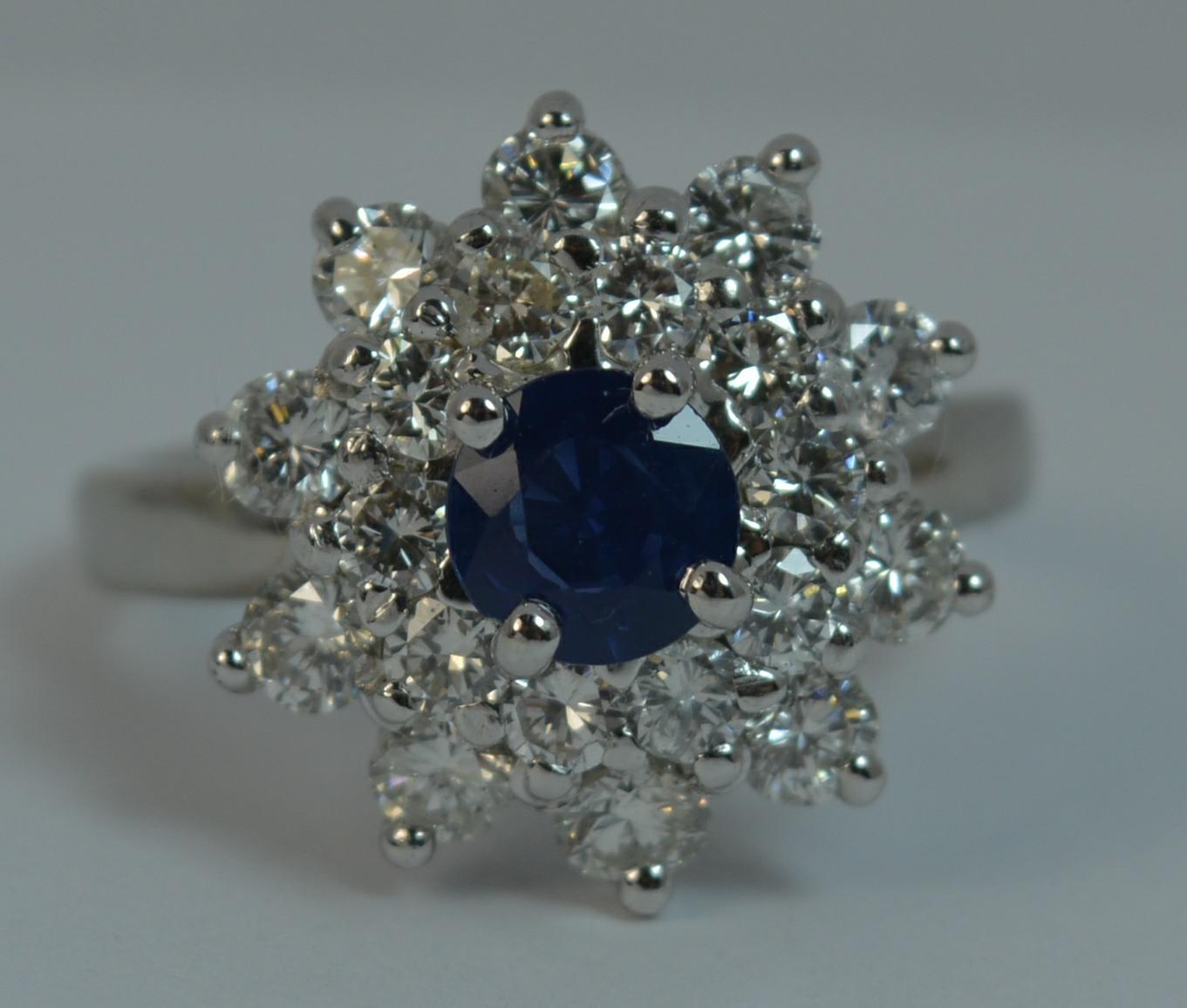 Natural Sapphire and 1.7 Carat Diamond Platinum Cluster Ring For Sale 6
