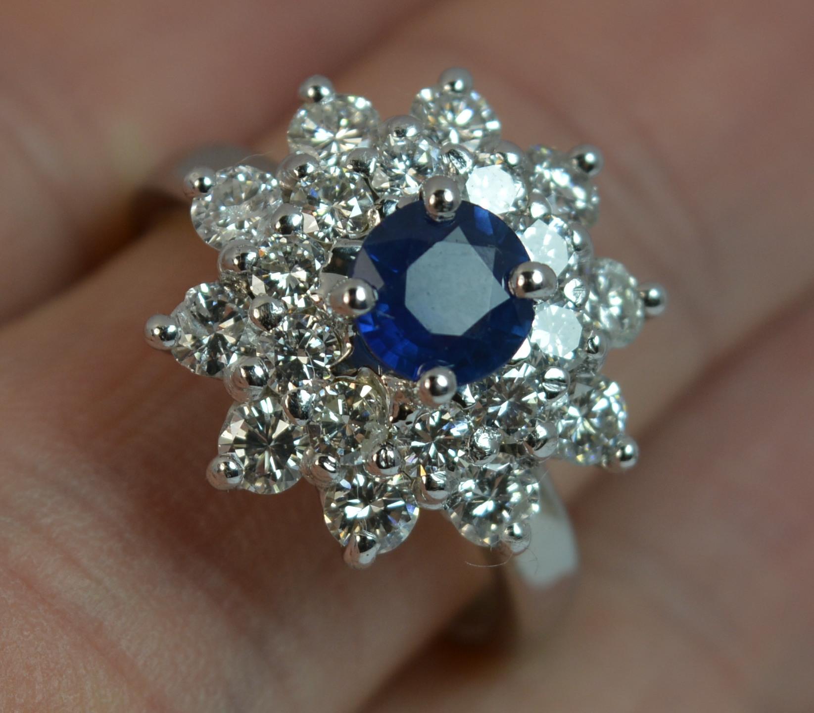 Round Cut Natural Sapphire and 1.7 Carat Diamond Platinum Cluster Ring For Sale