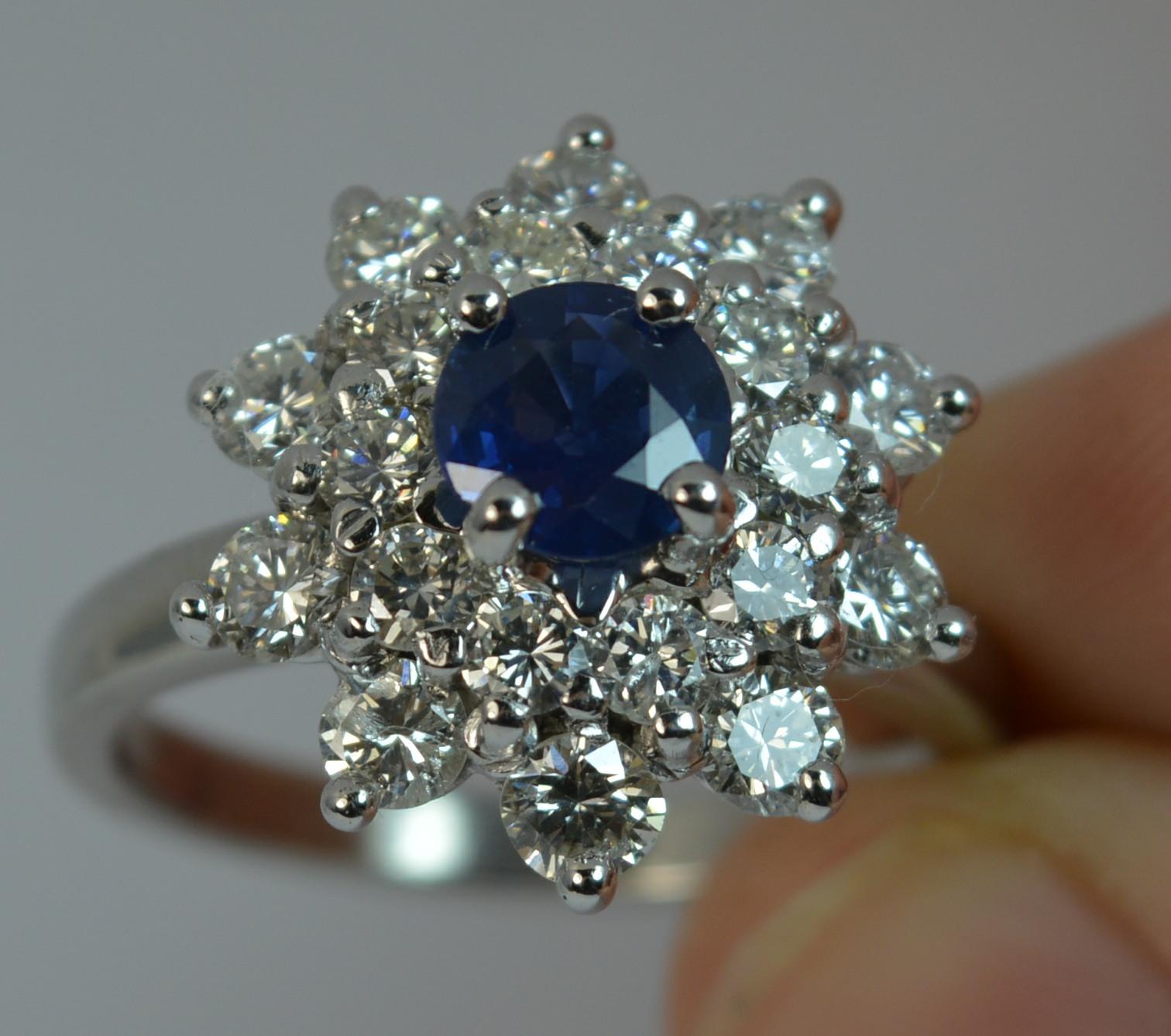 Natural Sapphire and 1.7 Carat Diamond Platinum Cluster Ring In Excellent Condition For Sale In St Helens, GB