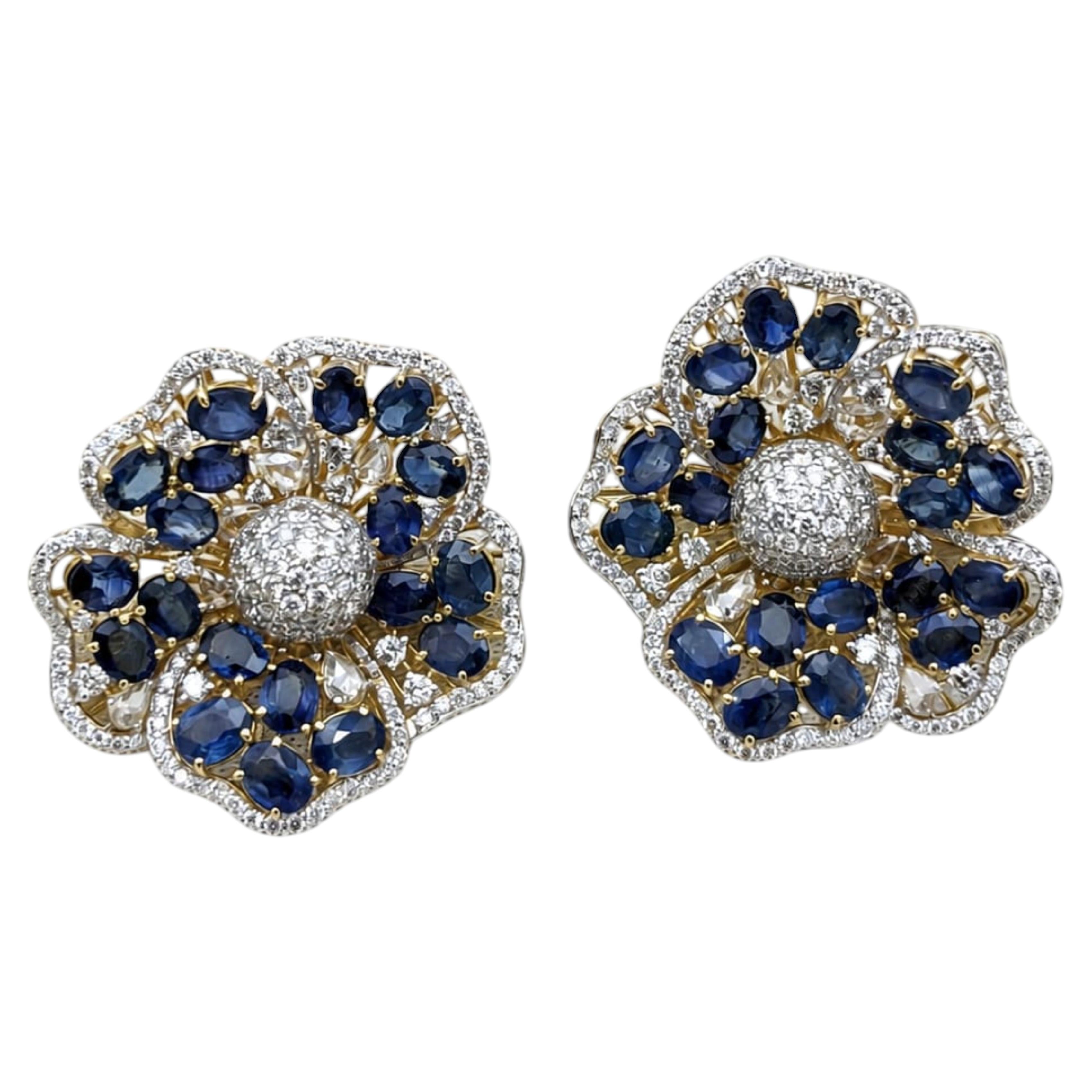 Designer 14K Gold Sapphire 8.89ct & Diamond 2.56ct Stud Earrings