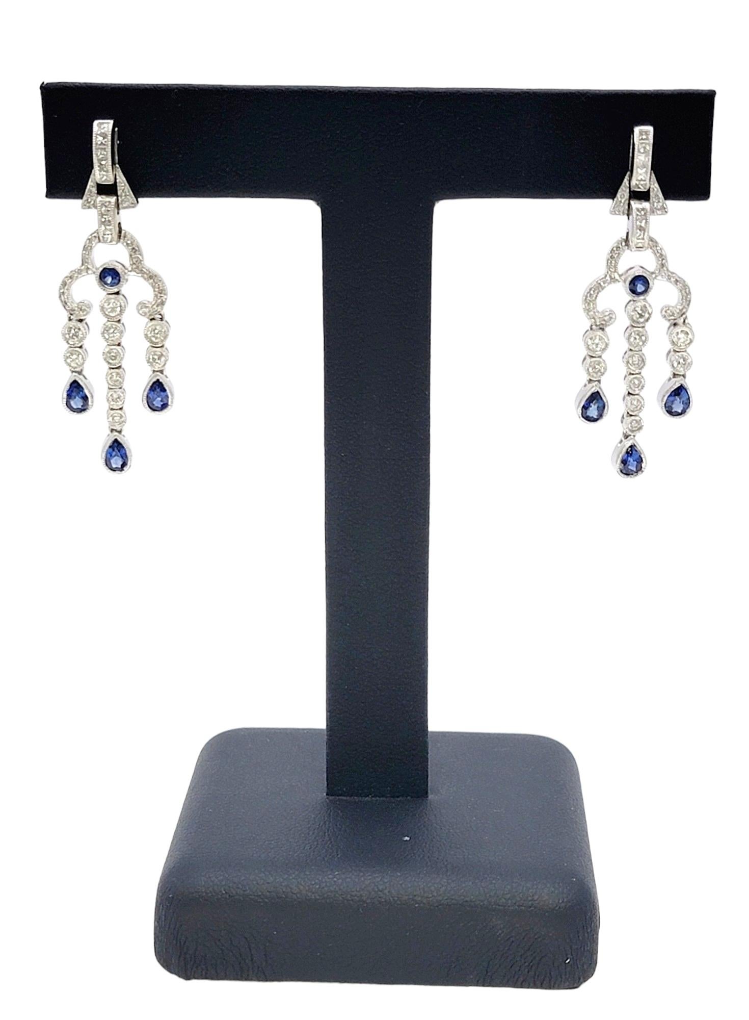 Natural Sapphire and Diamond Chandelier Dangle Earrings in 14 Karat White Gold  For Sale 3