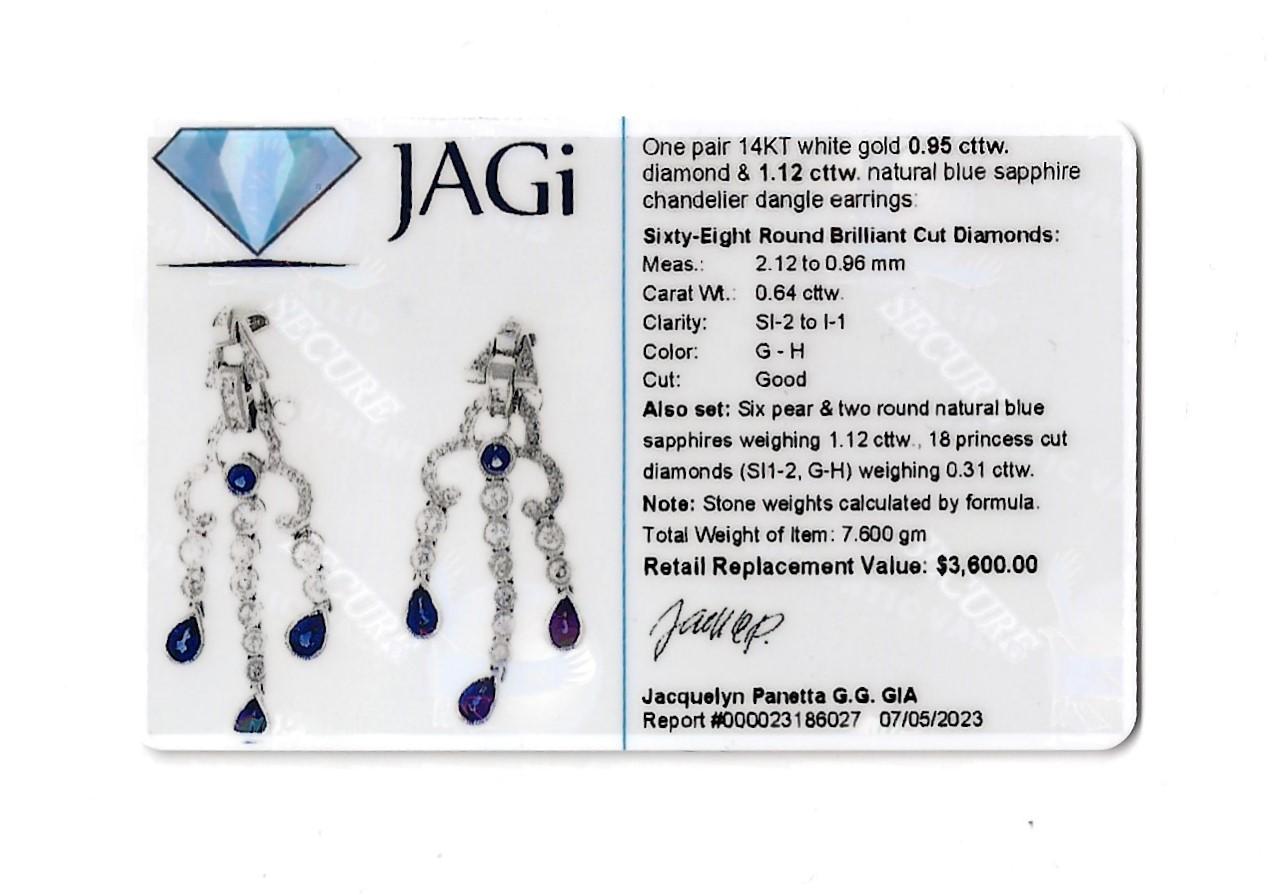 Natural Sapphire and Diamond Chandelier Dangle Earrings in 14 Karat White Gold  For Sale 5