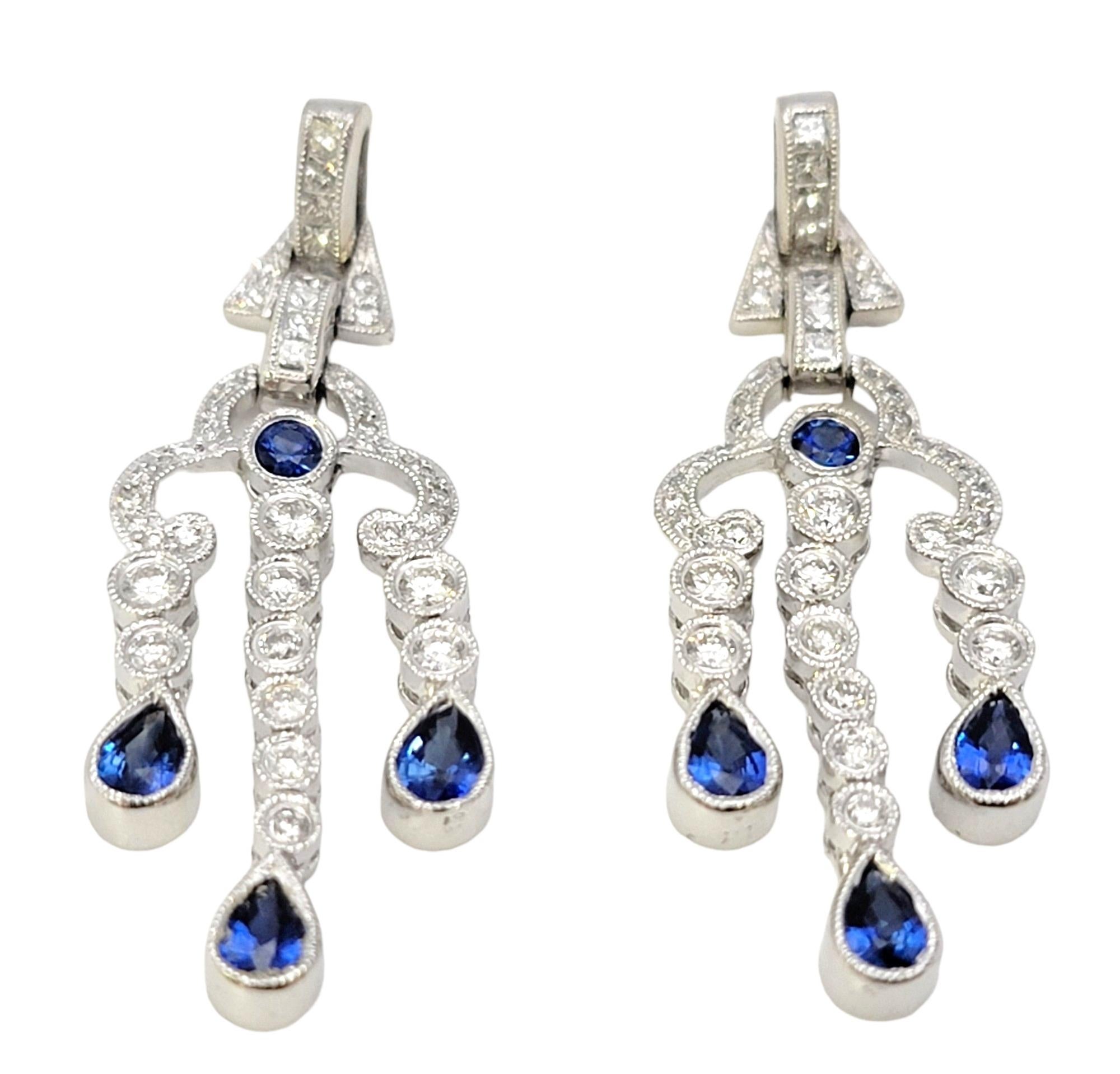Contemporary Natural Sapphire and Diamond Chandelier Dangle Earrings in 14 Karat White Gold  For Sale