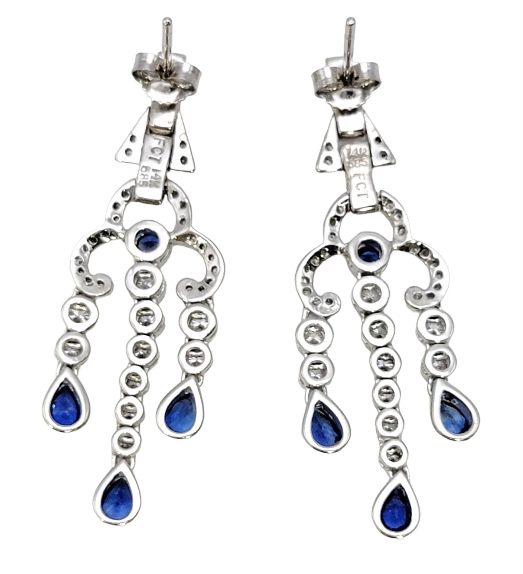 Round Cut Natural Sapphire and Diamond Chandelier Dangle Earrings in 14 Karat White Gold  For Sale