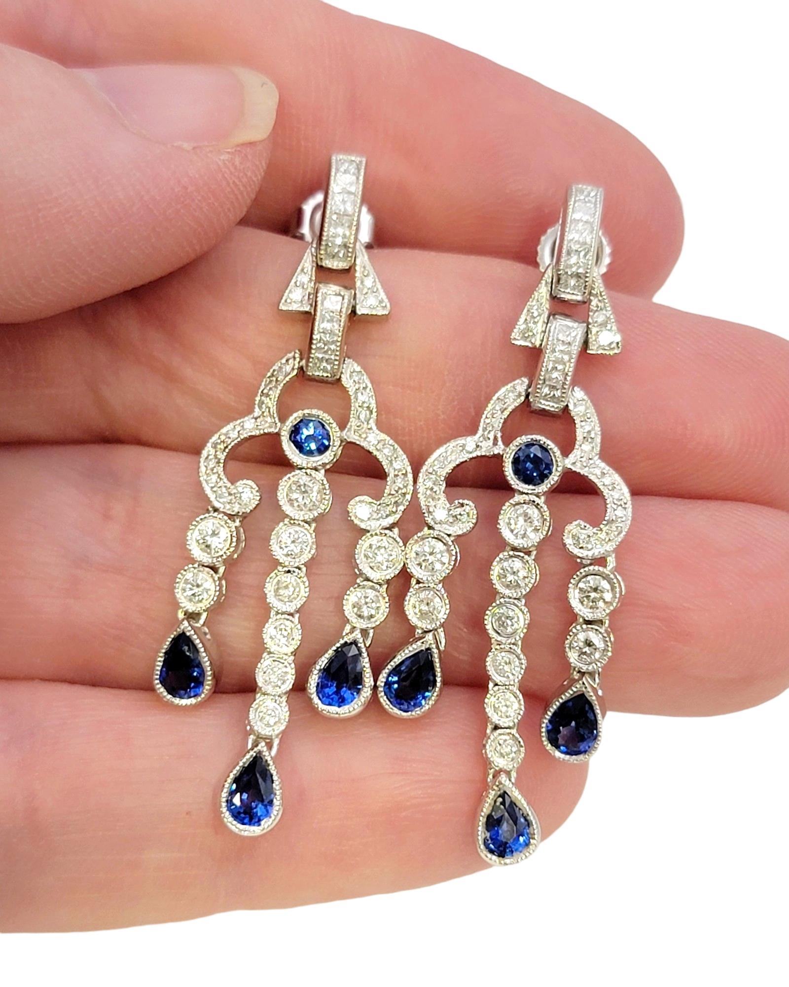 Natural Sapphire and Diamond Chandelier Dangle Earrings in 14 Karat White Gold  For Sale 2