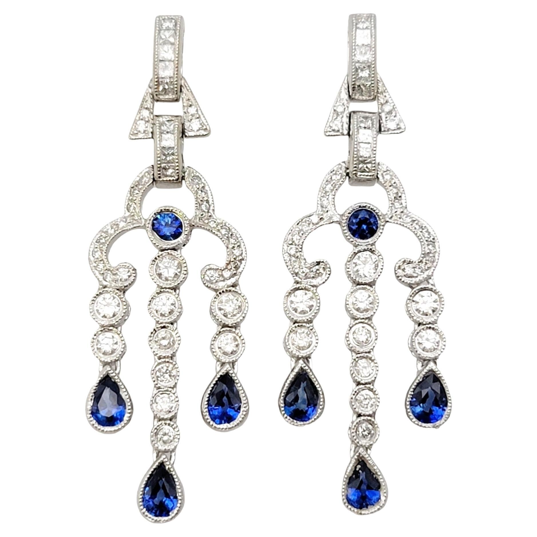 Natural Sapphire and Diamond Chandelier Dangle Earrings in 14 Karat White Gold