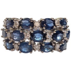 Natural Sapphire and Diamond Checkerboard Ring in 14 Karat White Gold