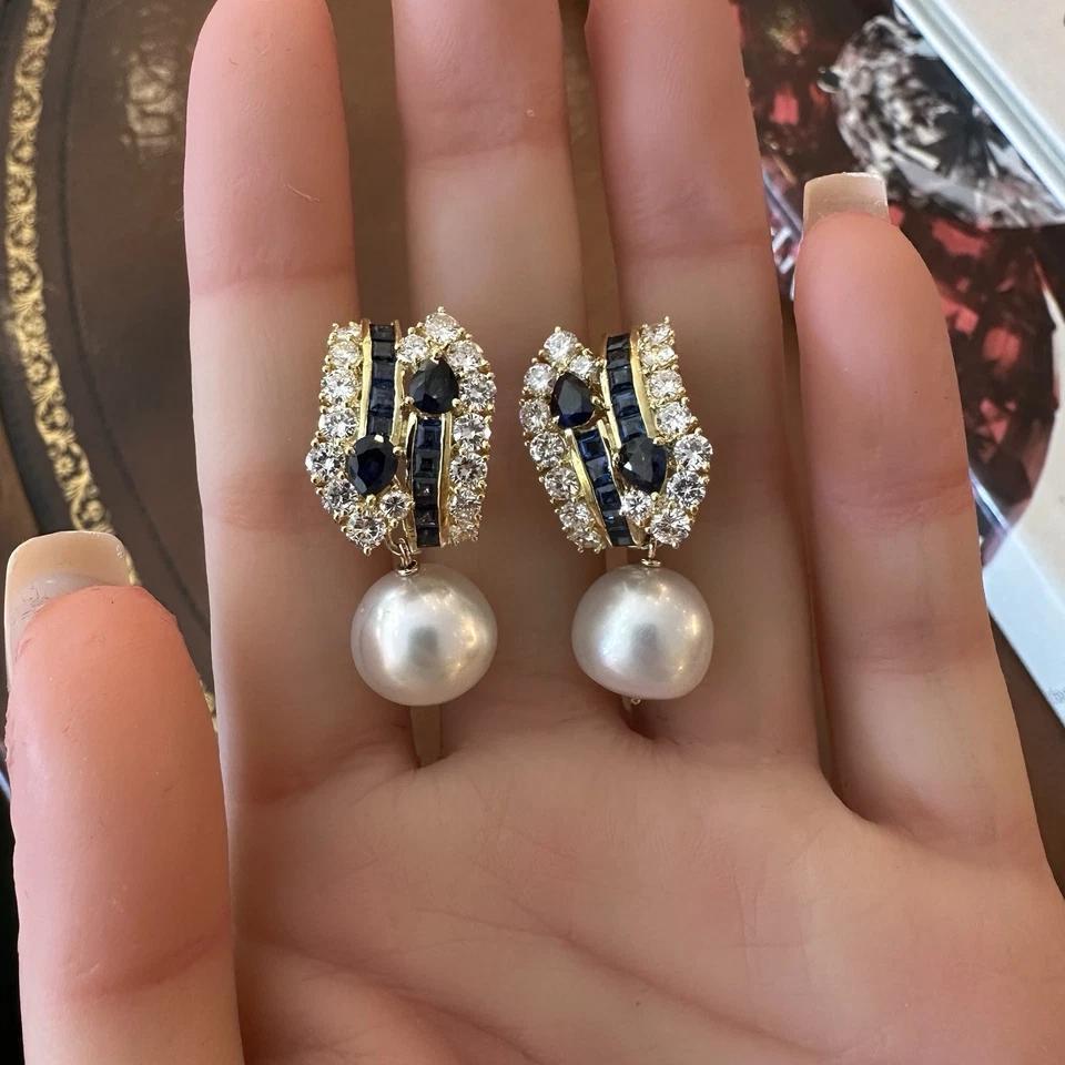 Natural Sapphire and Diamond Earring with Pearl Drop in 18k Yellow Gold In Excellent Condition For Sale In La Jolla, CA