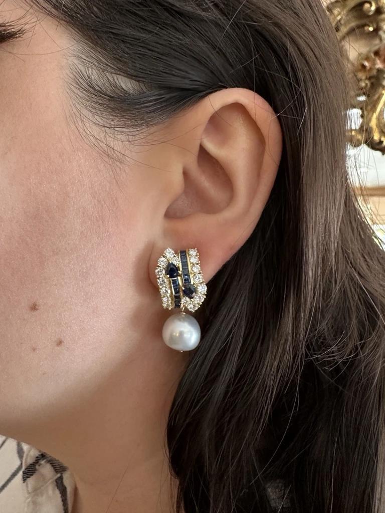 Women's Natural Sapphire and Diamond Earring with Pearl Drop in 18k Yellow Gold For Sale