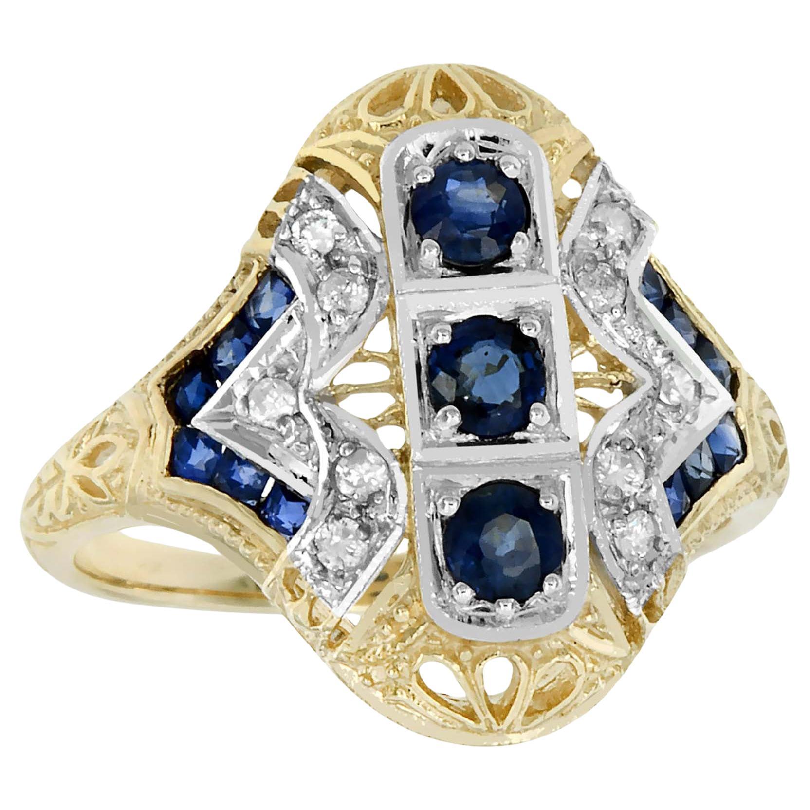 Natural Sapphire and Diamond Filigree Three Stone Ring in Solid 9K Two Tone Gold For Sale